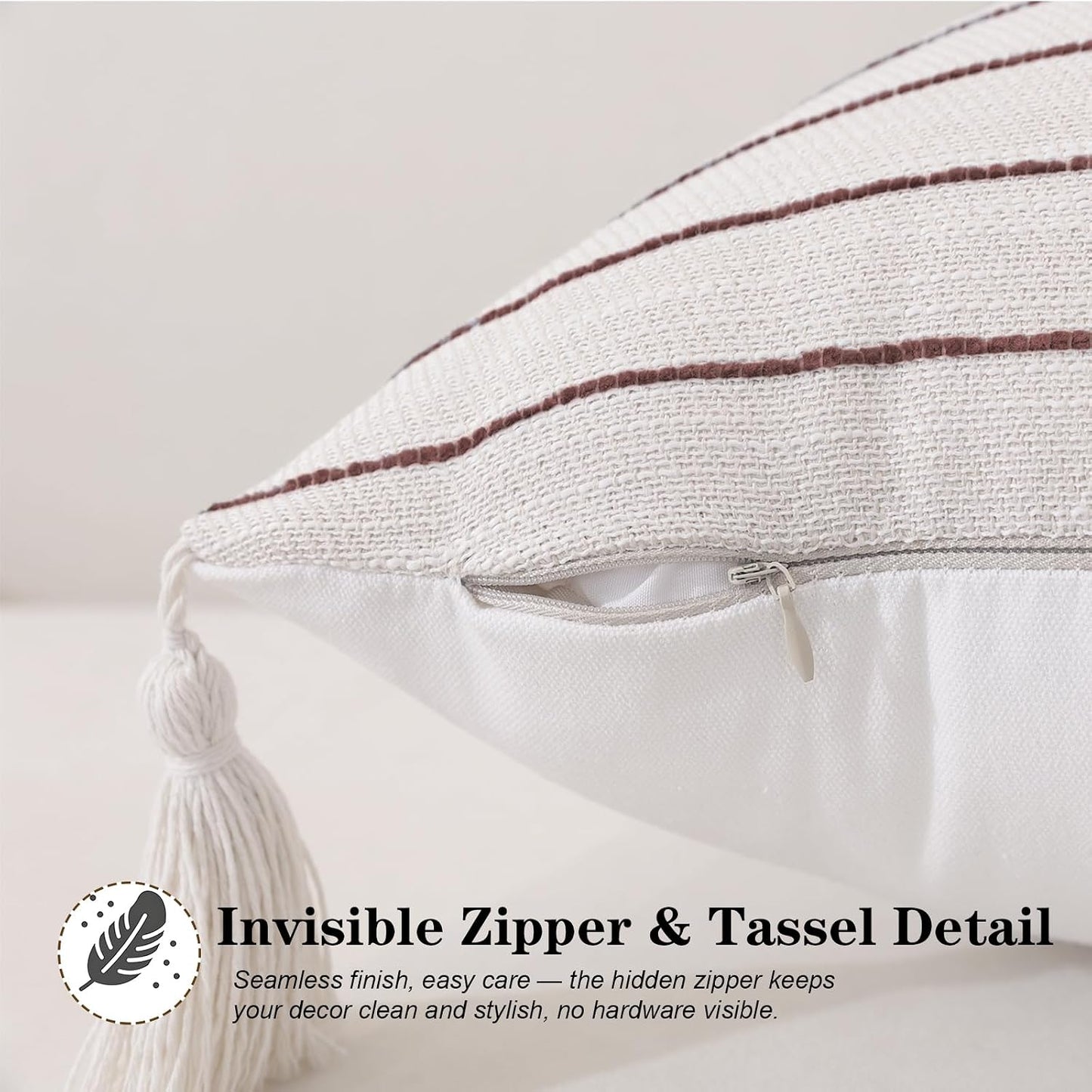Decorative Boho Throw Pillow Covers / Coffee Brown Striped / 18 x 18 / Set of 2