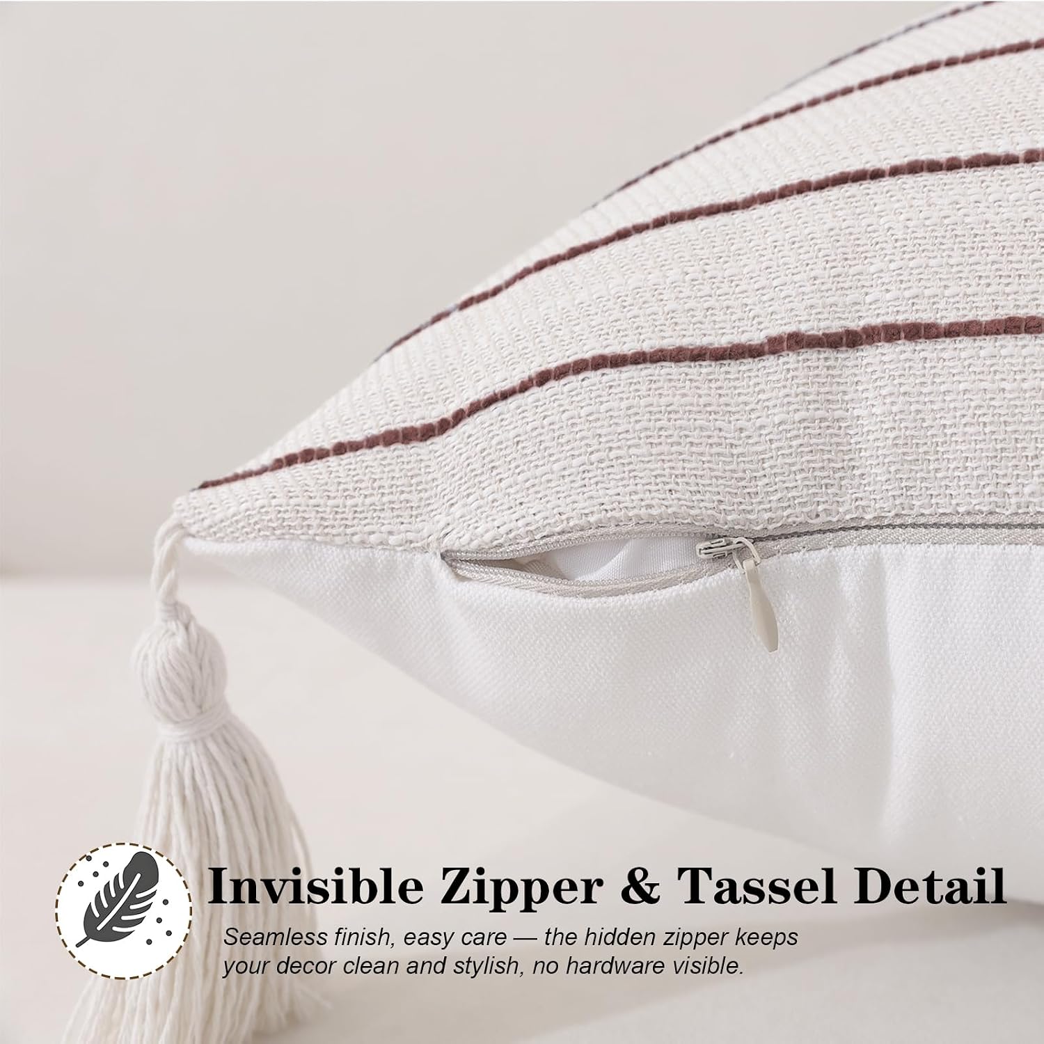 Decorative Boho Throw Pillow Covers / Coffee Brown Striped / 18 x 18 / Set of 2
