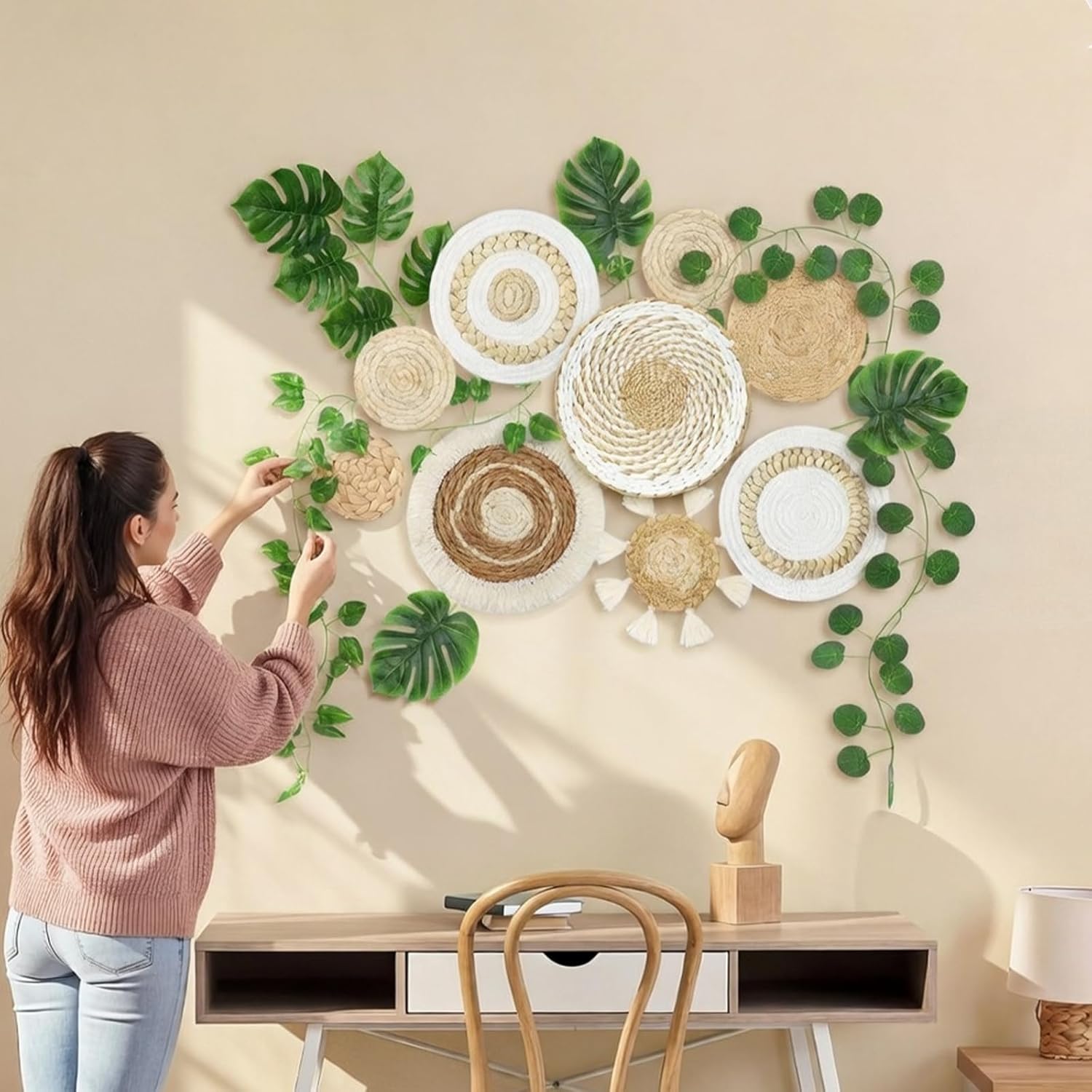 Boho Wall Basket Set Artificial Plants Handmade Hanging Woven Baskets Wall Decor Fake / Set of 15