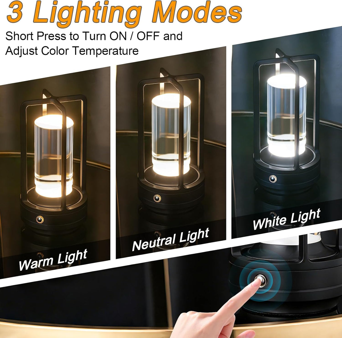 Cordless Table Lamp Rechargeable, Battery Operated Crystal Lamp | Stepless Dimming Touch Control, 3 Color LED Bedside