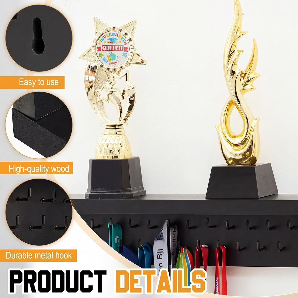 Wooden Medal Hanger Display Trophy Holder Shelf with 25/37/49/65/83 Hooks Wall Mount Ribbon Holder Gift for Gymnastics