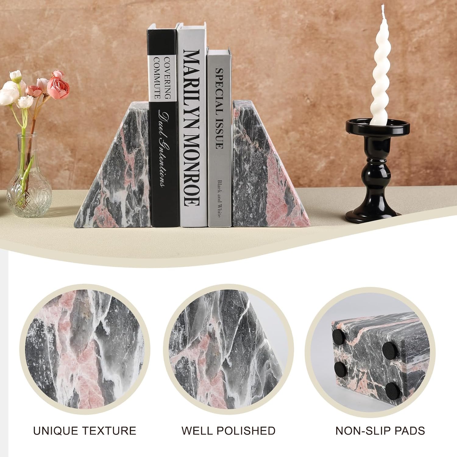 Marble Bookends / Large Bookends for Heavy Books / Grey&pink