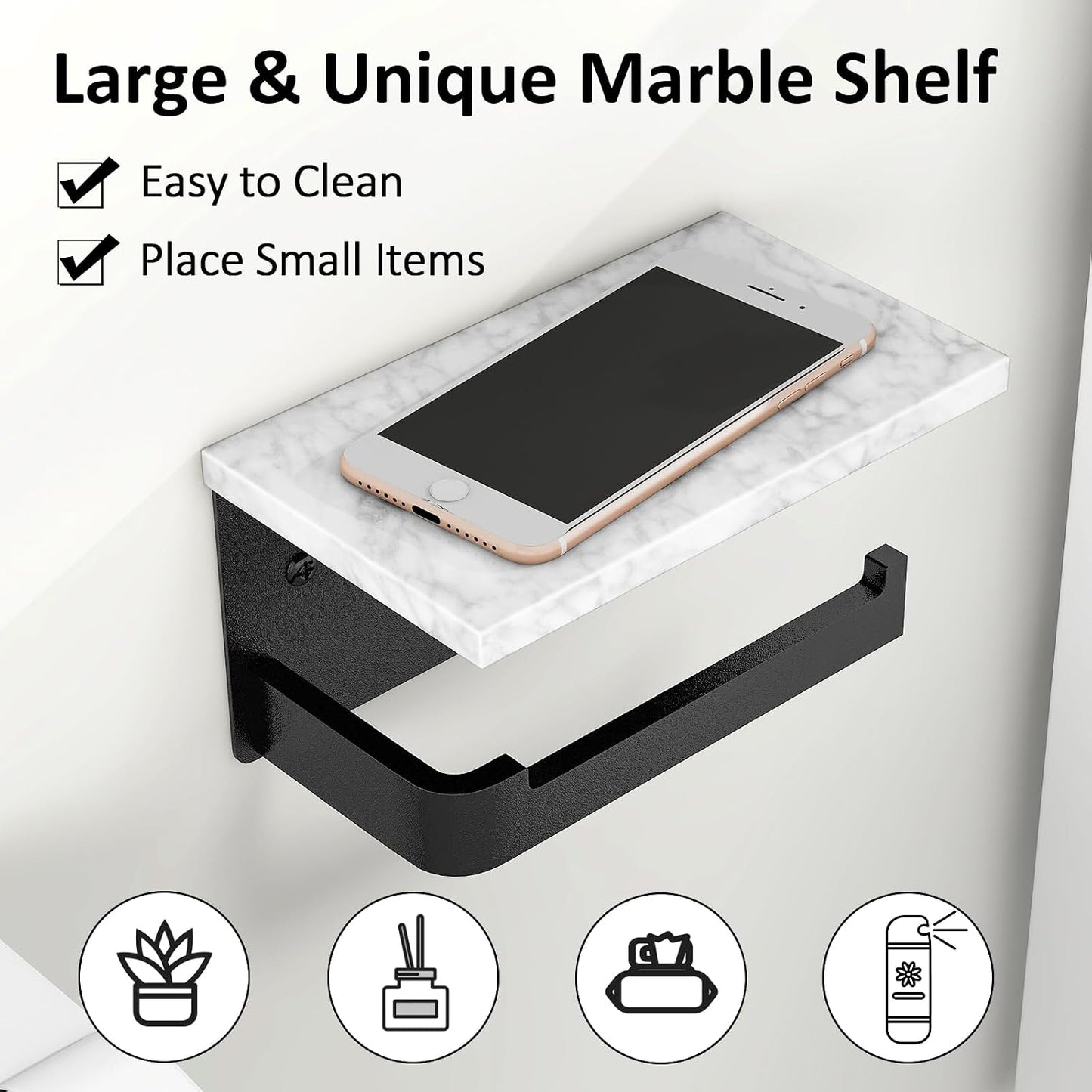 Gypie Toilet Paper Holder with Marble Shelf, Wall Mounted Matte Black | Toilet Roll Holder Black for Bathroom Washroom