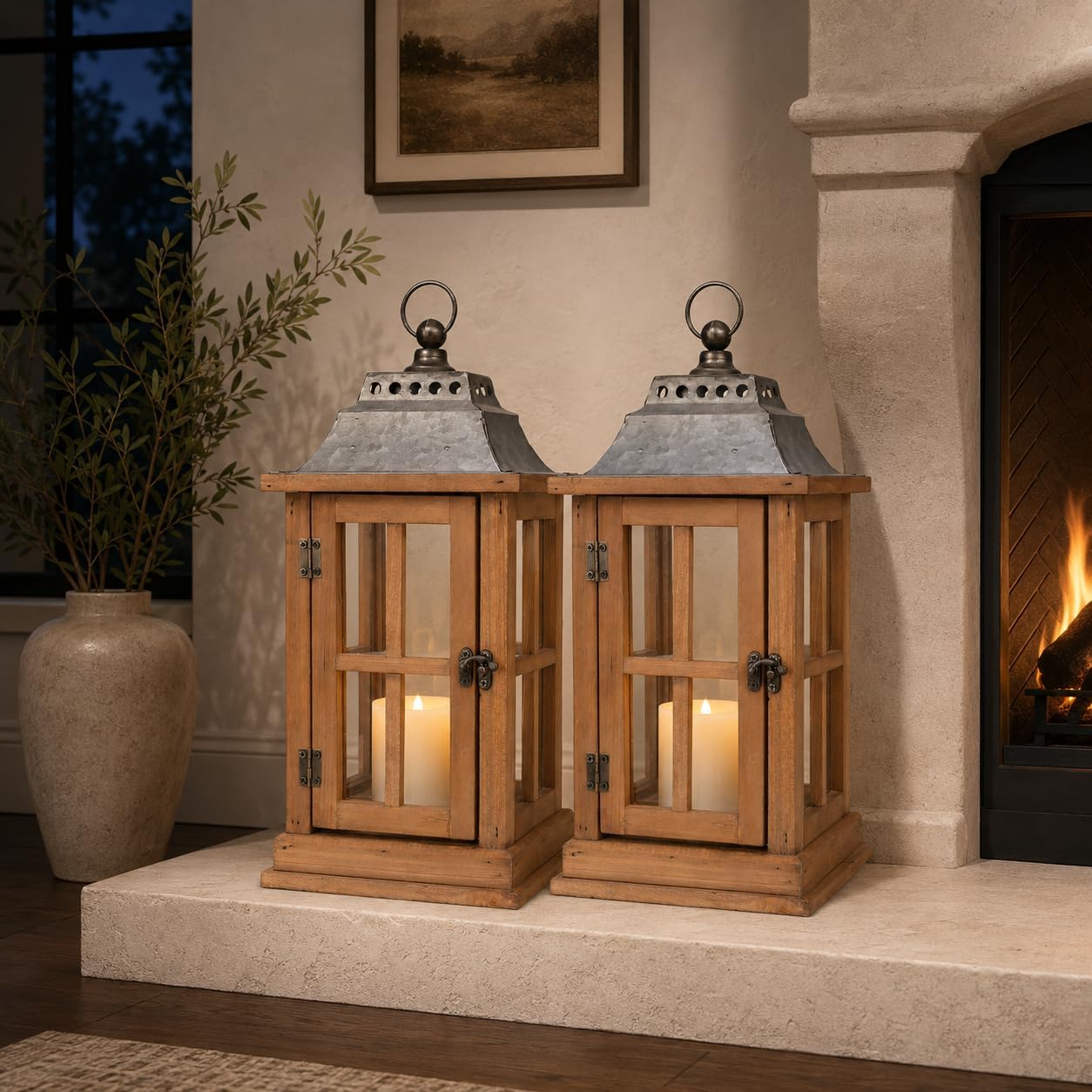 Bdor 15 Inch Outdoor Decorative Lanterns, Set of 2 Wooden Candle Lanterns | Tempered glass, galvanized tops, decorative