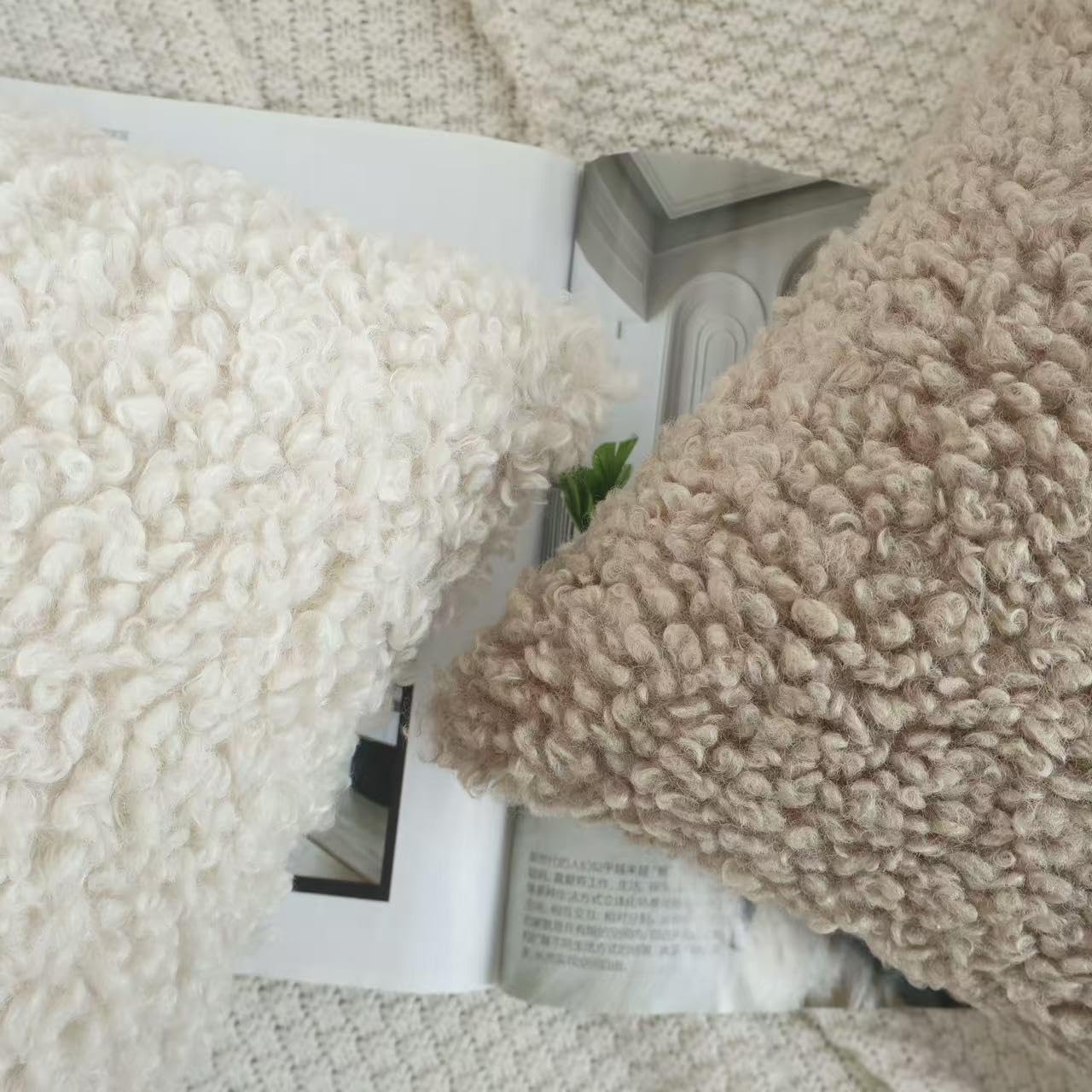 Faux Fur Decorative Pillow Covers Soft Fluffy Sherpa Boucle Throw / Light Beige / 18 x 18 / Set of 2