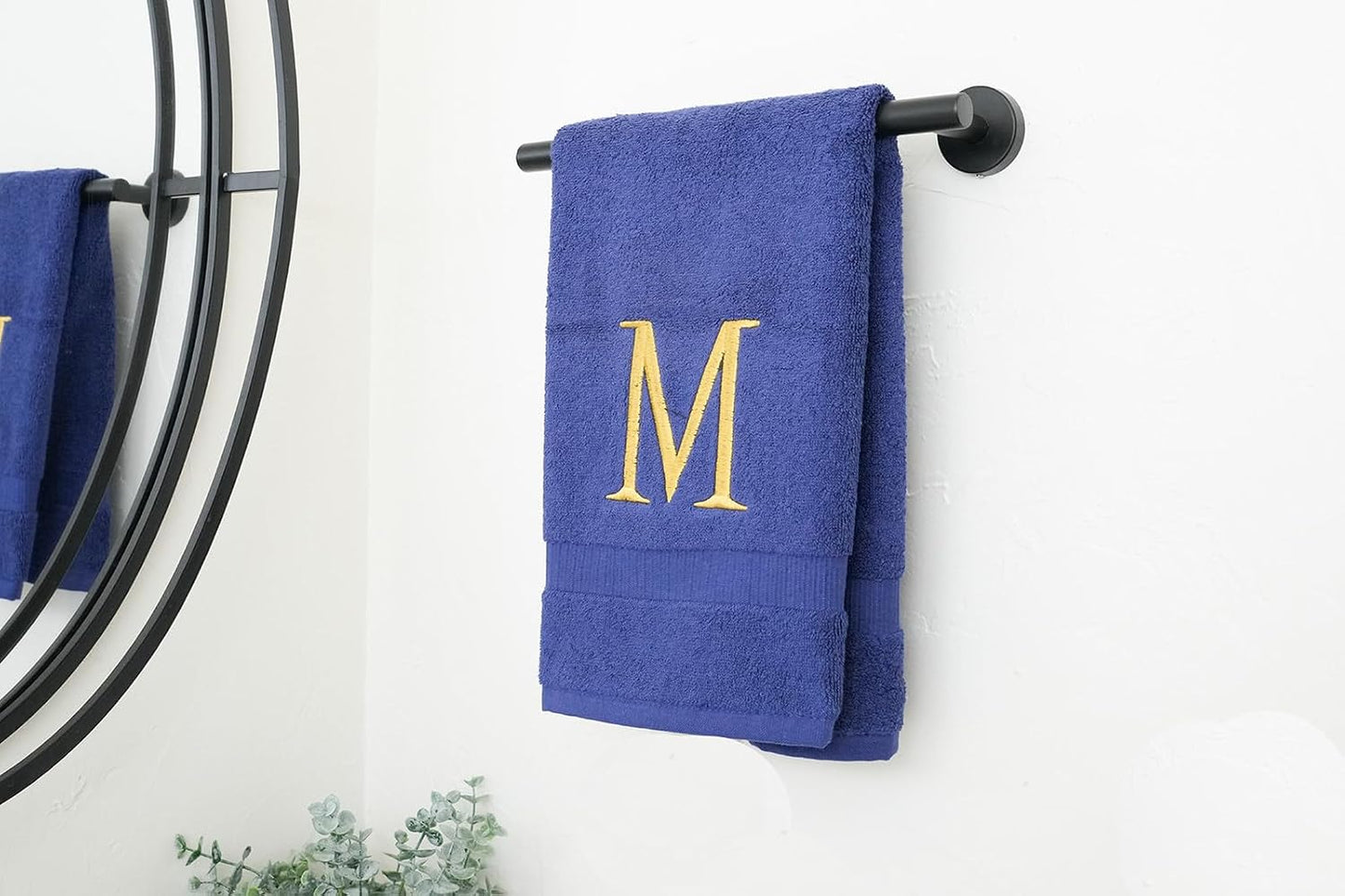Navy with Gold Monogrammed Hand Towels for Bathroom - Set of 2 Letter M | Luxury Hotel Quality Initial Towels For