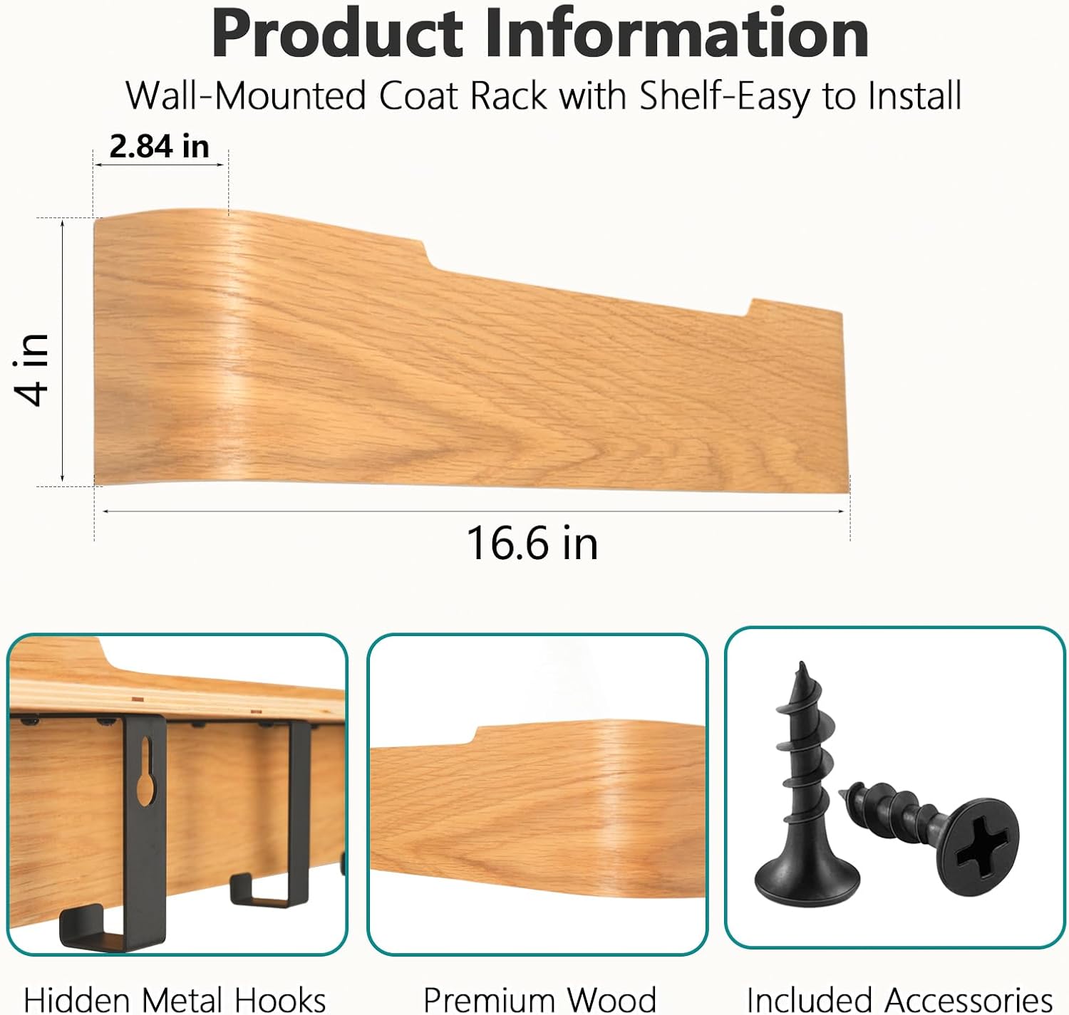 Coat Rack Wall Mount with Hidden Hooks Modern Key Holder Wood Entryway Hook with Shelf for Bedroom Kitchen Hallway