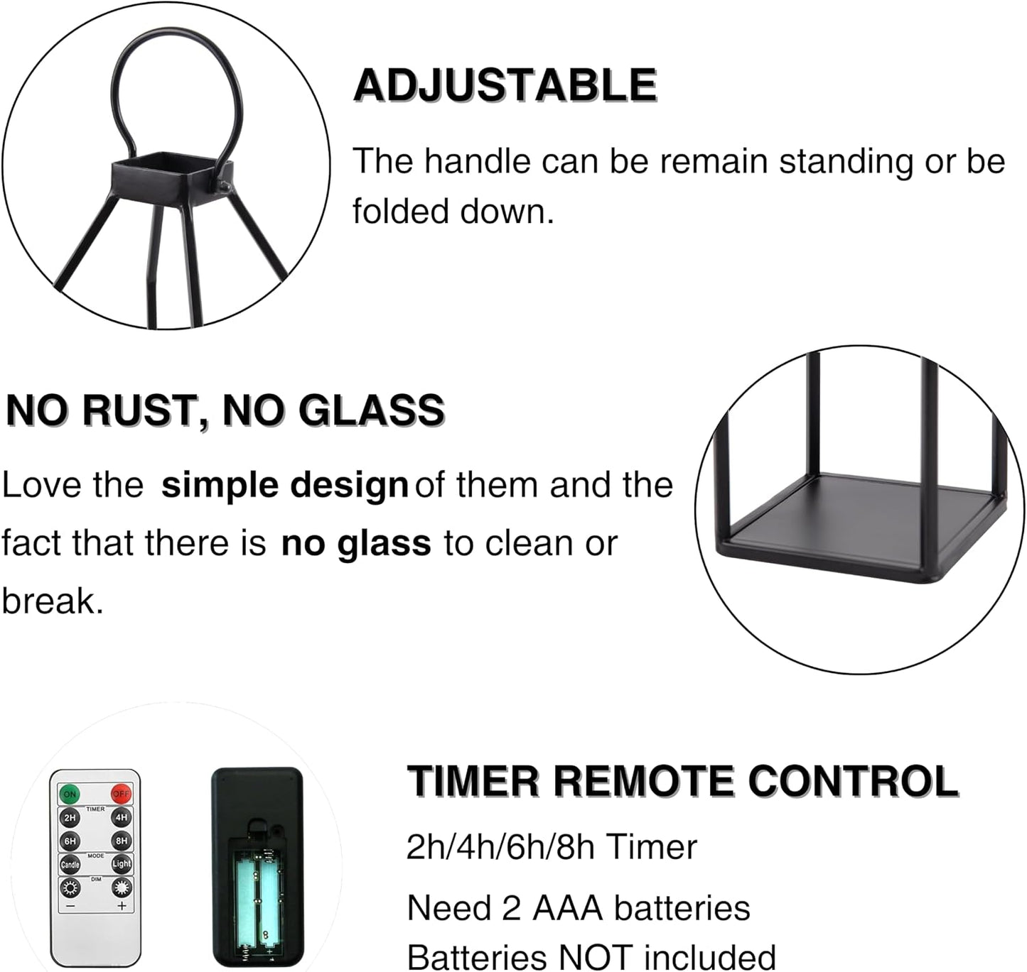 Perfnique Modern Farmhouse Lantern Decor, 15'' 13'' Set of 2 Black Metal Lantern, 2 LED 6hr Timer Flameless Candles ＆