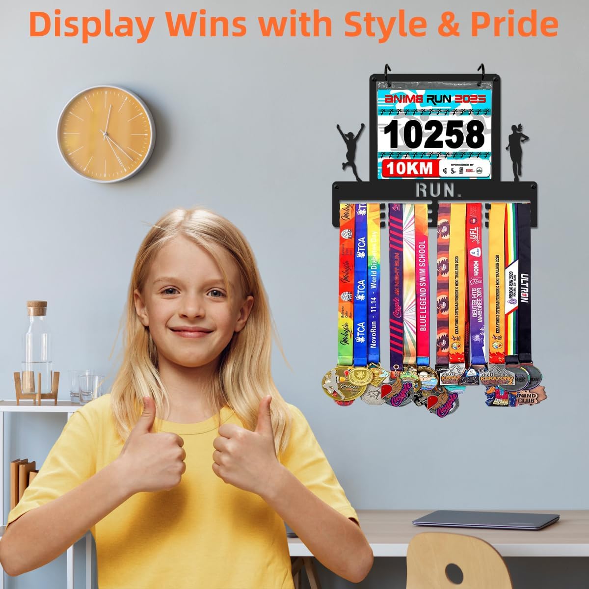 Race Bib & Medal Display Holds 45+ Medals 100 Bibs | 16" Metal Marathon Running Race Medal Hanger Display, 12 Bib