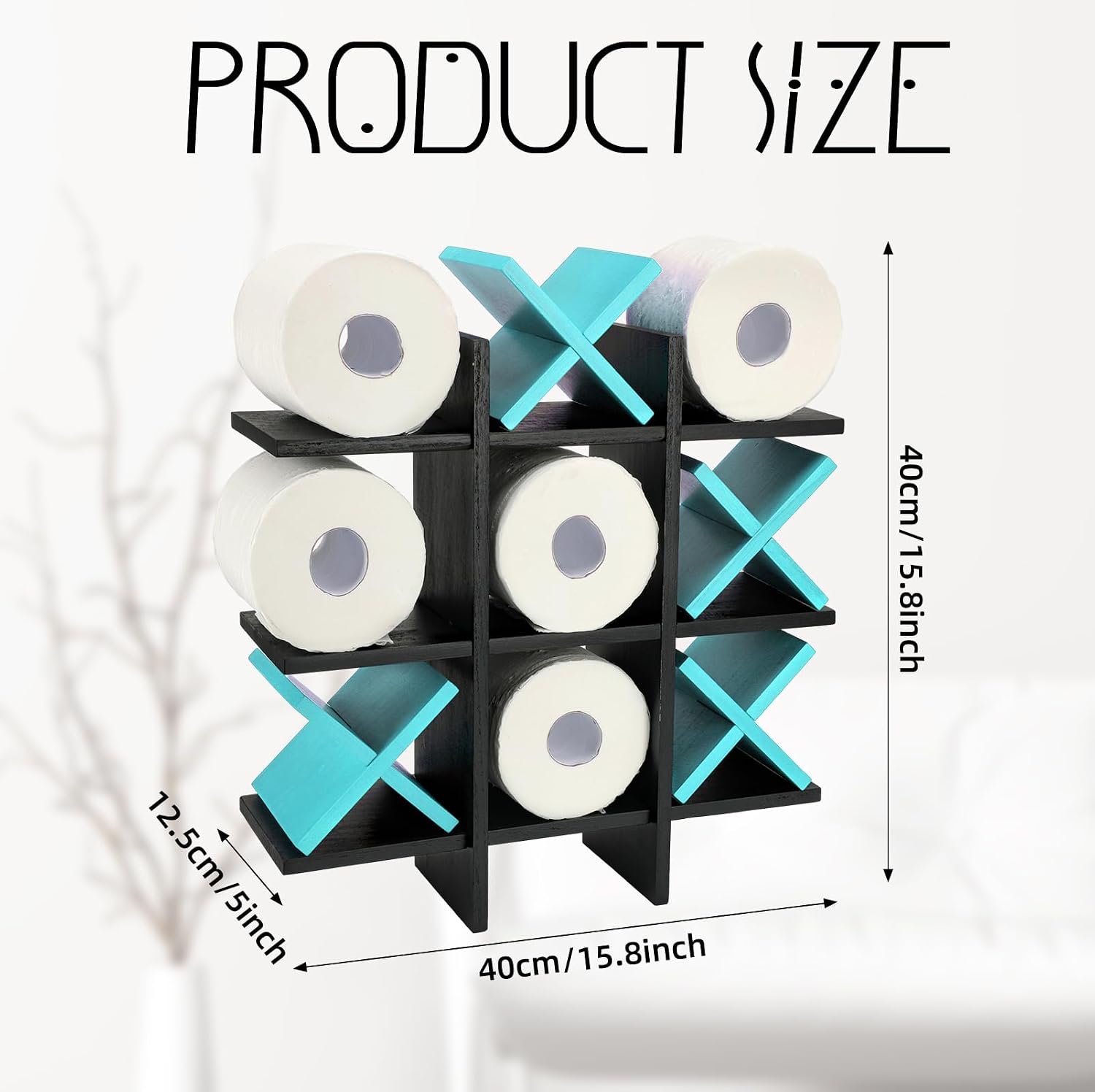 Weysat Tic Tac Toe Toilet Paper Holder,Black, Blue | Farmhouse Bathroom Decor, Freestanding or Wall Mount Storage for