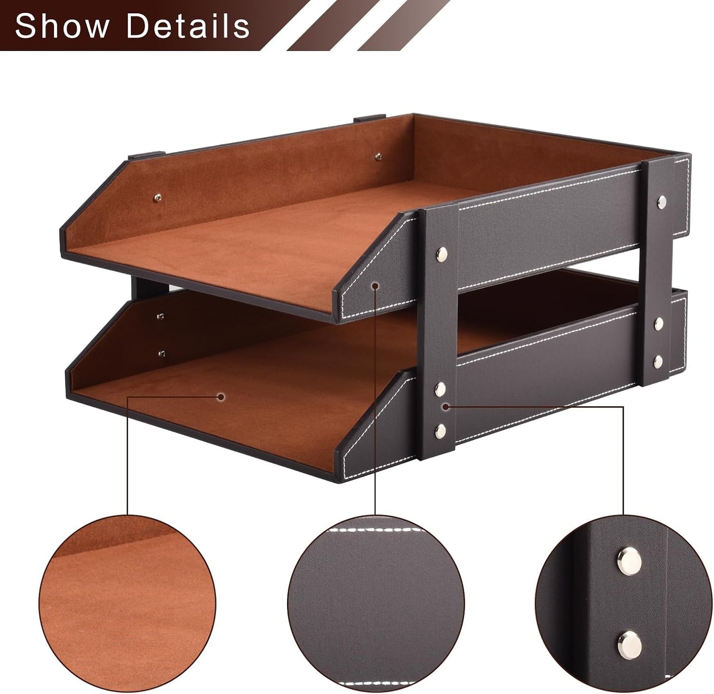 Leather Desk Organizer,2-Tier Stackable Letter Tray Holder,Office Supplies Desktop Storage Box for