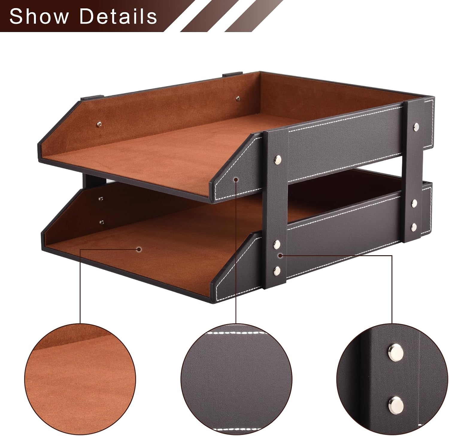 Leather Desk Organizer,2-Tier Stackable Letter Tray Holder,Office Supplies Desktop Storage Box for