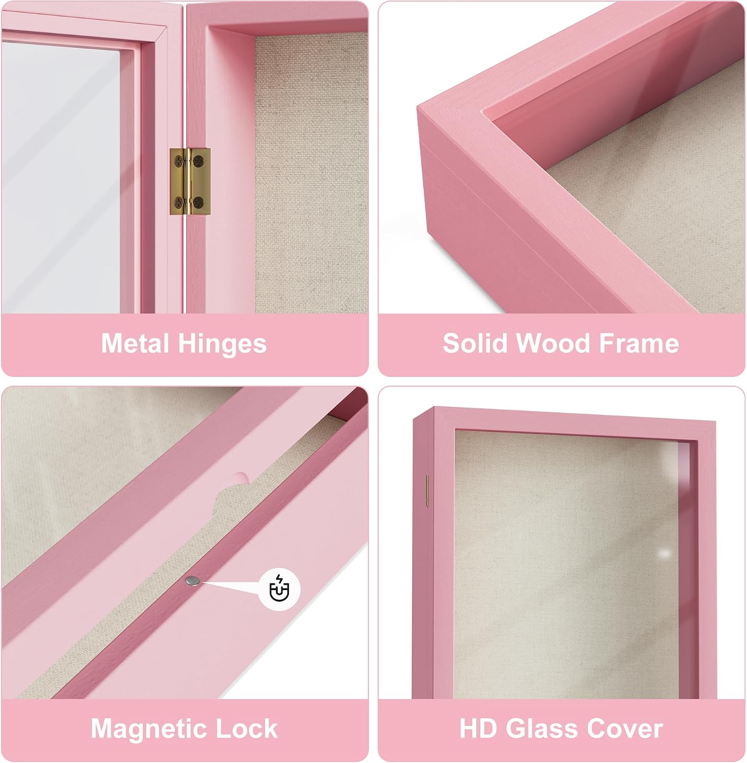 Love-KANKEI Deep Large Shadow Box 11x14,Solid Wood Frame,Memory Box,Pink | Front-Opening Glass Magnetic Door,Linen