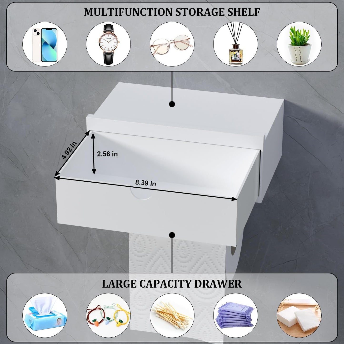 Domax White Toilet Paper Holder with Shelf,Wall Mount/Adhesive Bathroom Toilet Paper Holder,Bamboo Wood Tissue Toilet