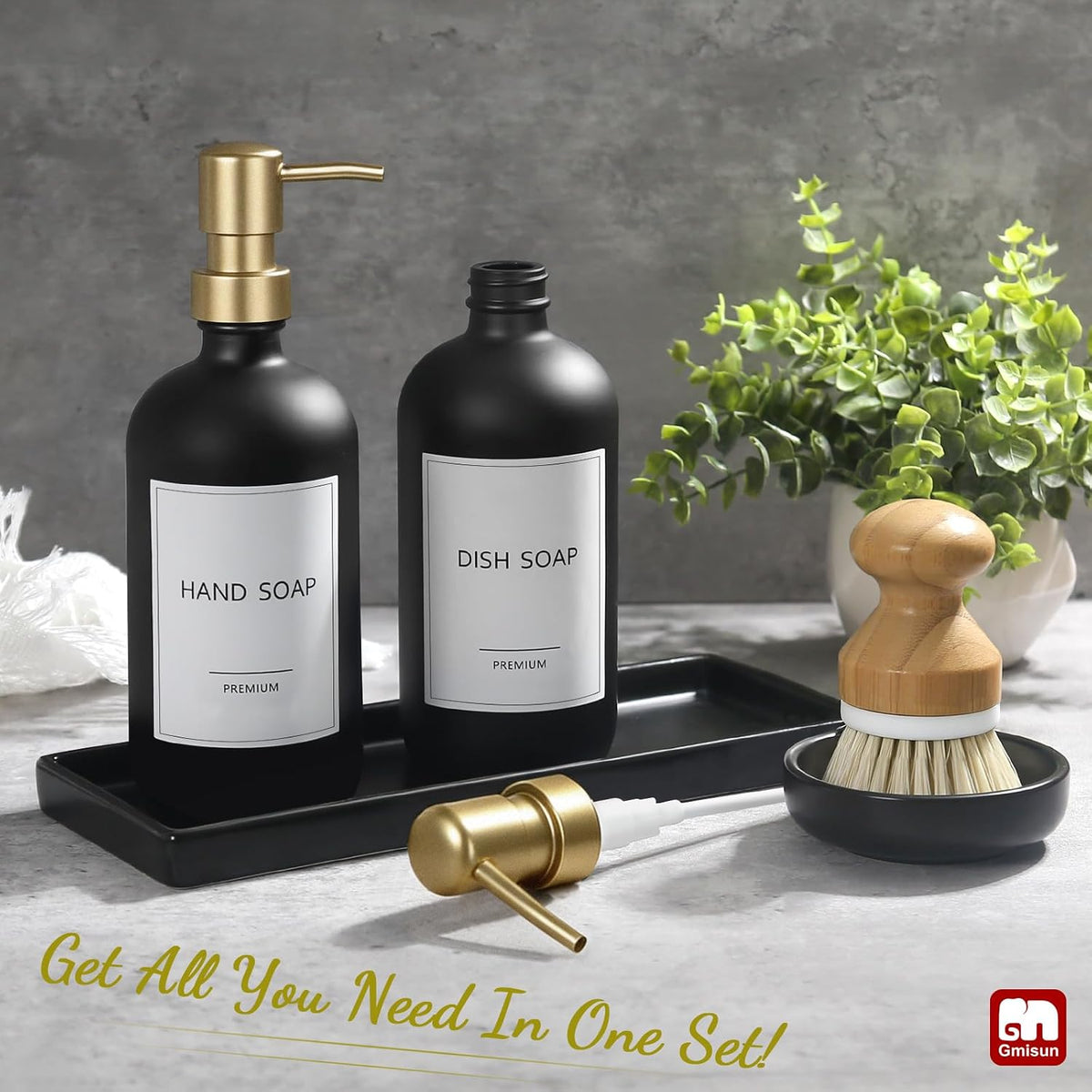 GMISUN Dish Soap Dispenser for Kitchen, 17 fl oz Dish Soap Dispensers with Ceramic Tray & Bamboo Brush & Gold Pump