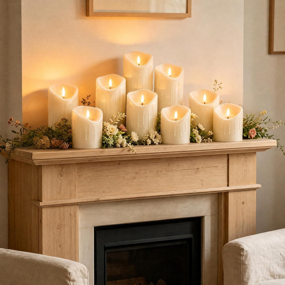 9 Pcs Flickering Flameless LED Pillar Candles, (D 3" x H 3" 4" 5" 6" 7") Battery Operated with Remote Plastic Wax Drip