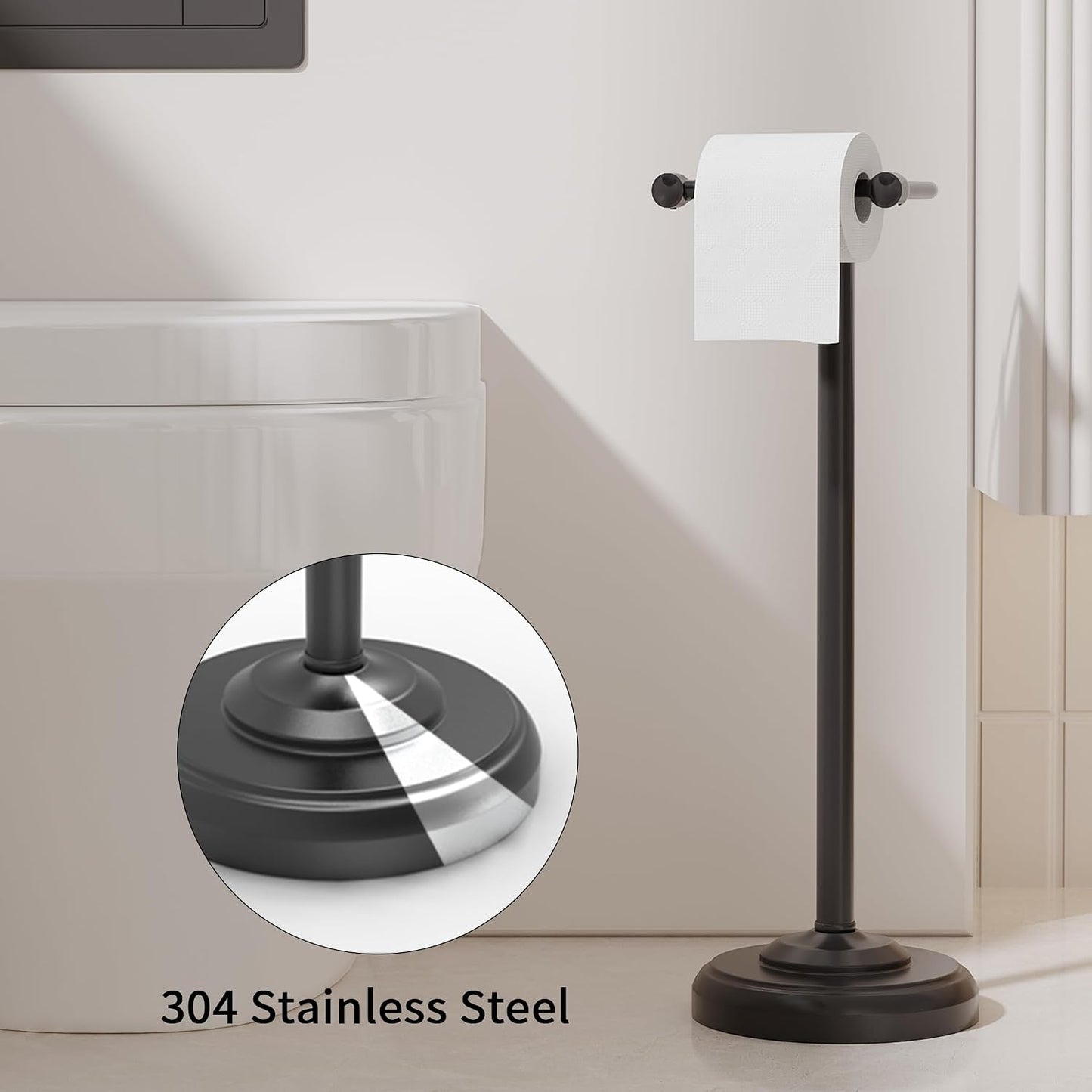 Toilet Paper Holder Stand, Matte Black Toilet Paper Holder Free Standing,Post Pivoting Design & Stable Weighted Base