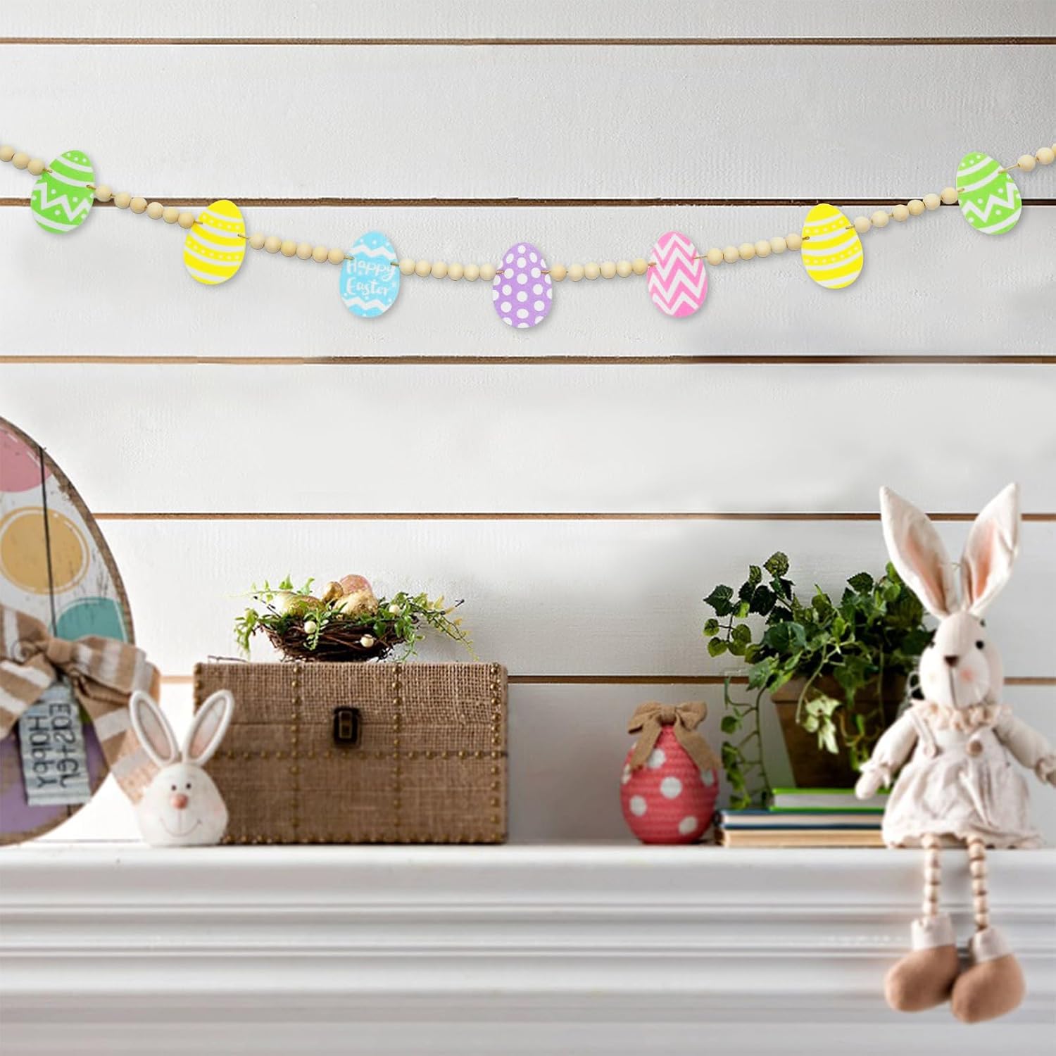 Easter Day Wooden Beads Garland / Green Yellow Blue / 4.2 ft