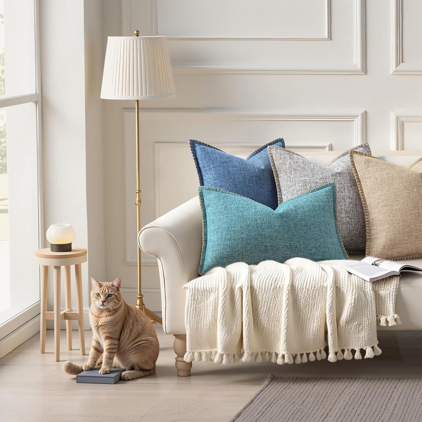 Fall Decorative Throw Pillow Covers Square Faux Linen Farmhouse Pillow / Blue / 18 x 18 / Set of 2