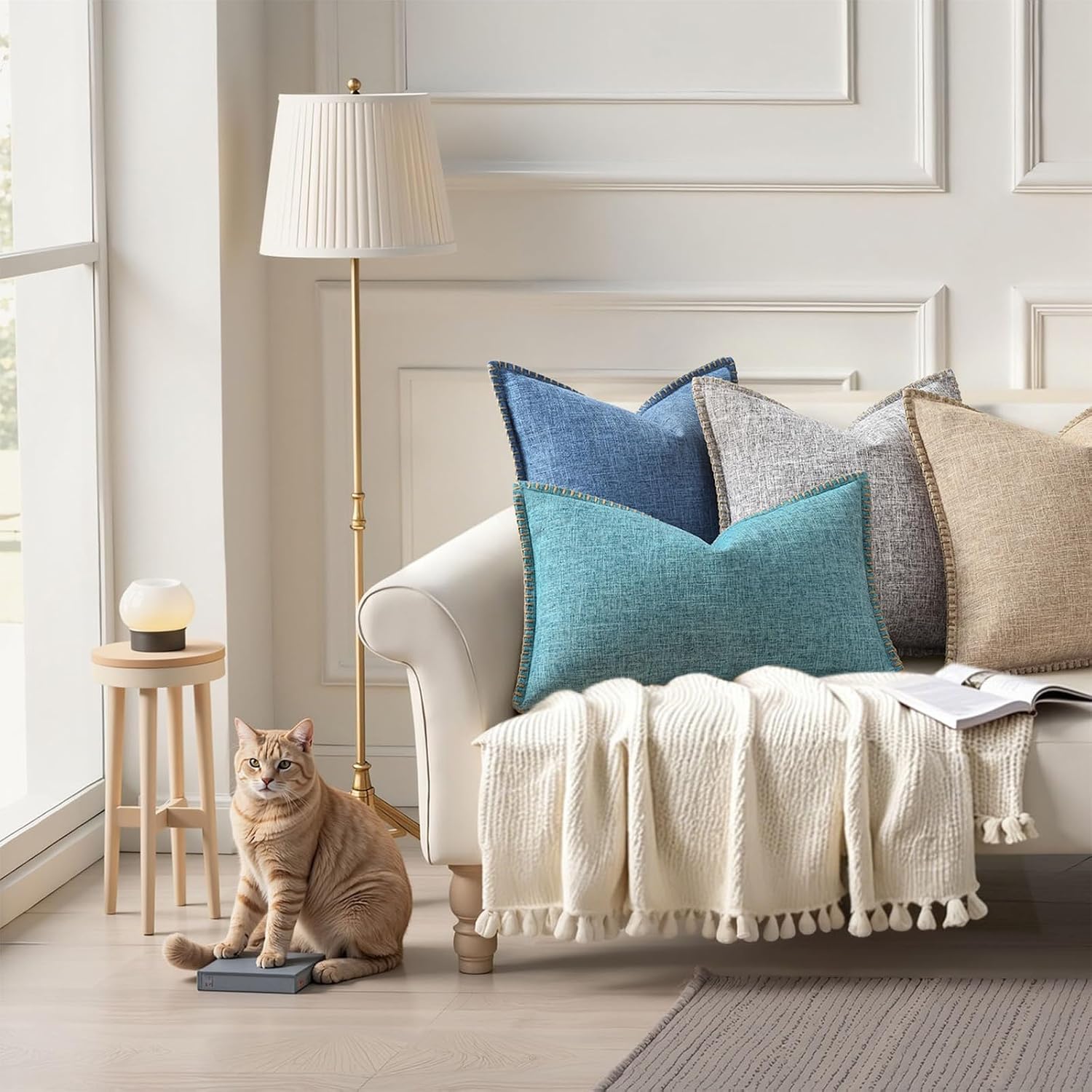 Fall Decorative Throw Pillow Covers Square Faux Linen Farmhouse Pillow / Blue / 18 x 18 / Set of 2