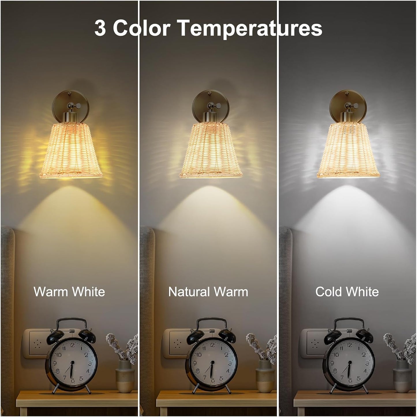 Frideko Rattan Rechargeable Battery Operated Wall Sconces Set of Two with Remote, 3 Colors Dimmable Wireless Wall