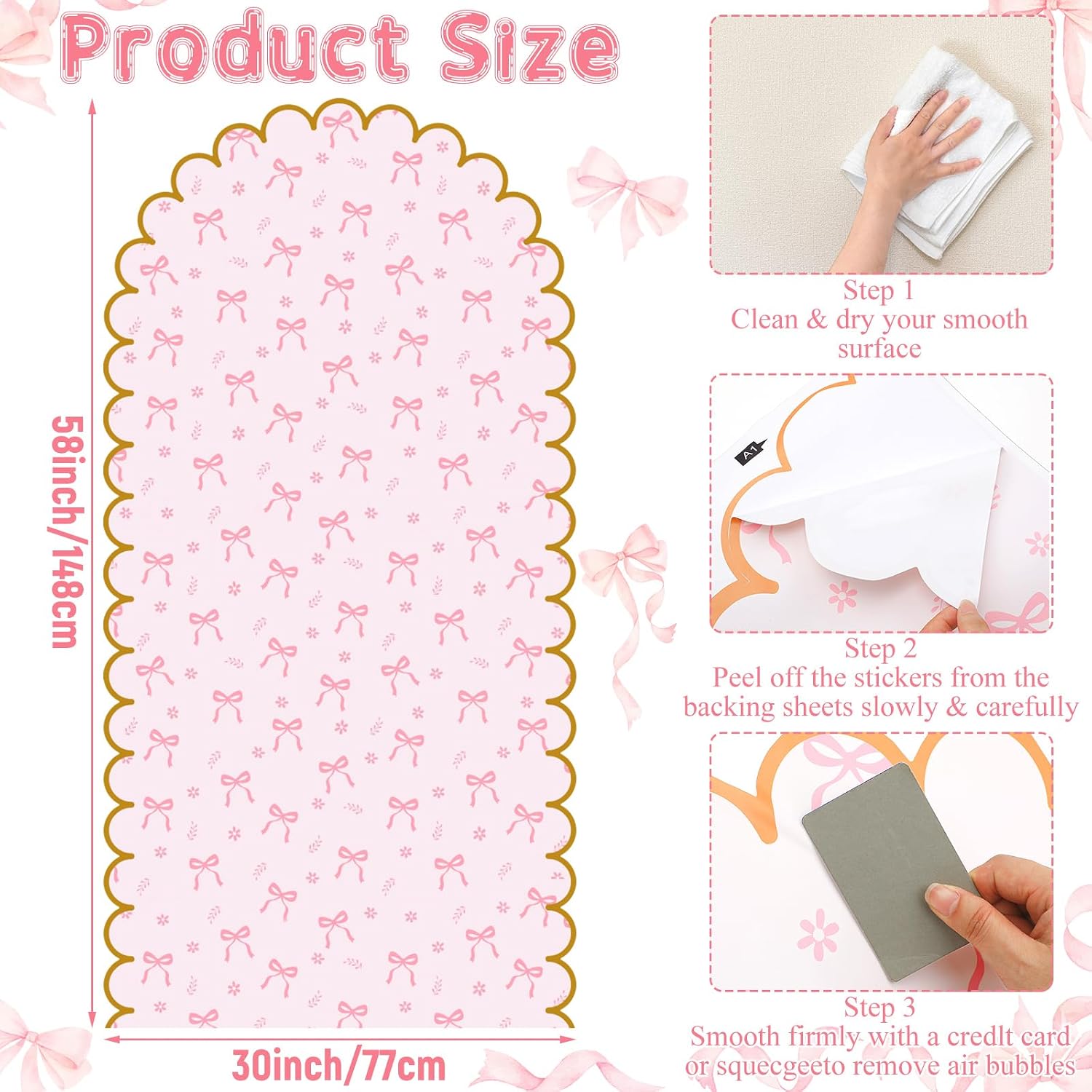 Bow Arch Wall Decals Peel and Stick Large Bow Wallpaper Wall Decal Room Decor / Pink / 58 x 30