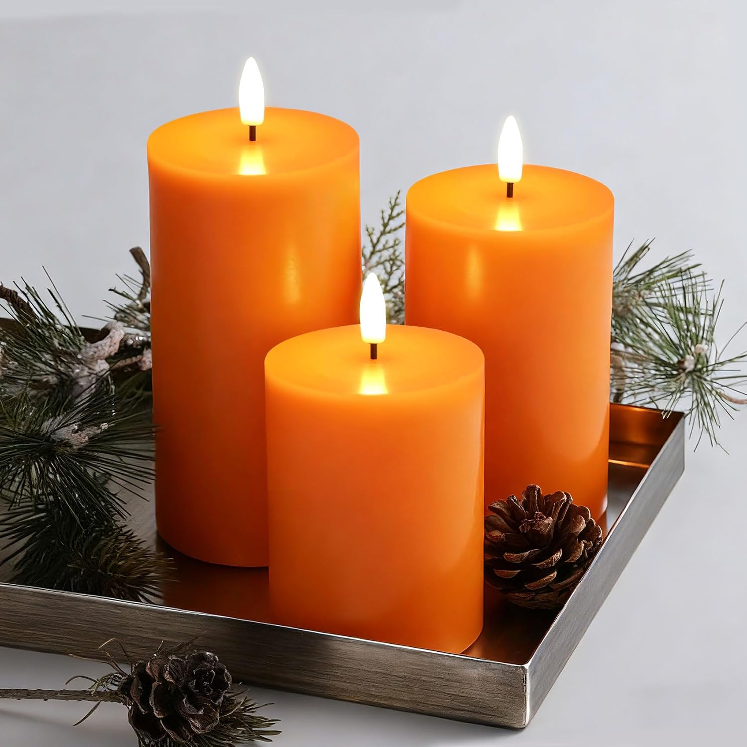 Orange Halloween Fall Flameless Pillar Candles with Remote Set of 3 | Flickering LED Wax Candles, Flat Top, 2 AA