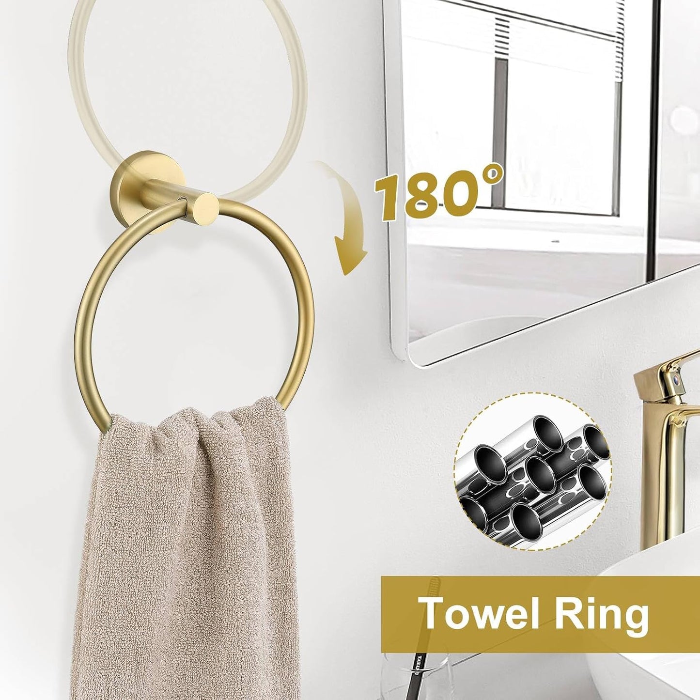 5 Pieces Brushed Gold Towel Bar Set, Upgraded Round Bathroom Hardware Accessories Set, Toilet Paper Holder Towel Holder