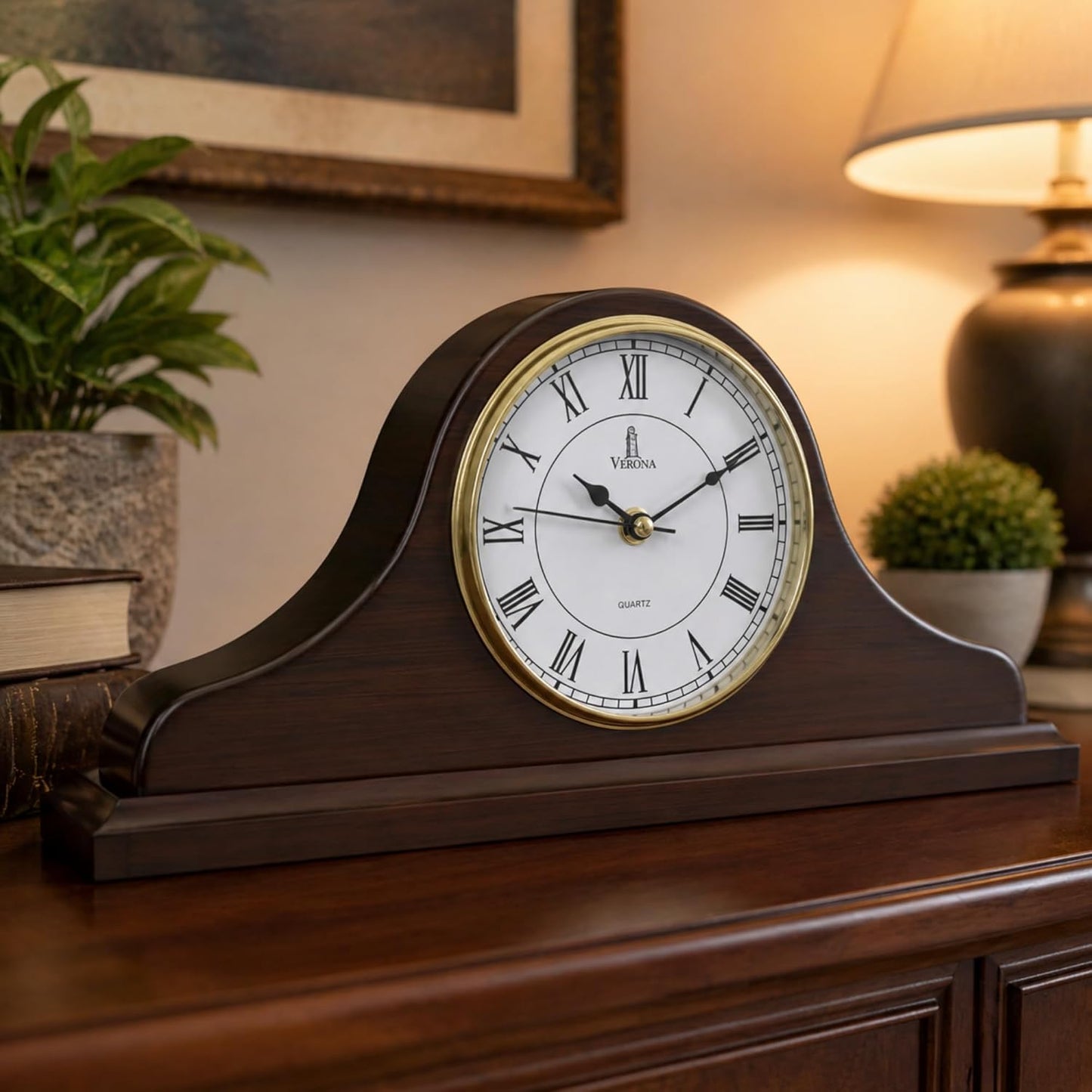 Mantel Clock for Fireplace, Solid Wood Silent Non-Chiming Mantle Clock | Battery Operated Wooden Clock 15x7.5, Easy to