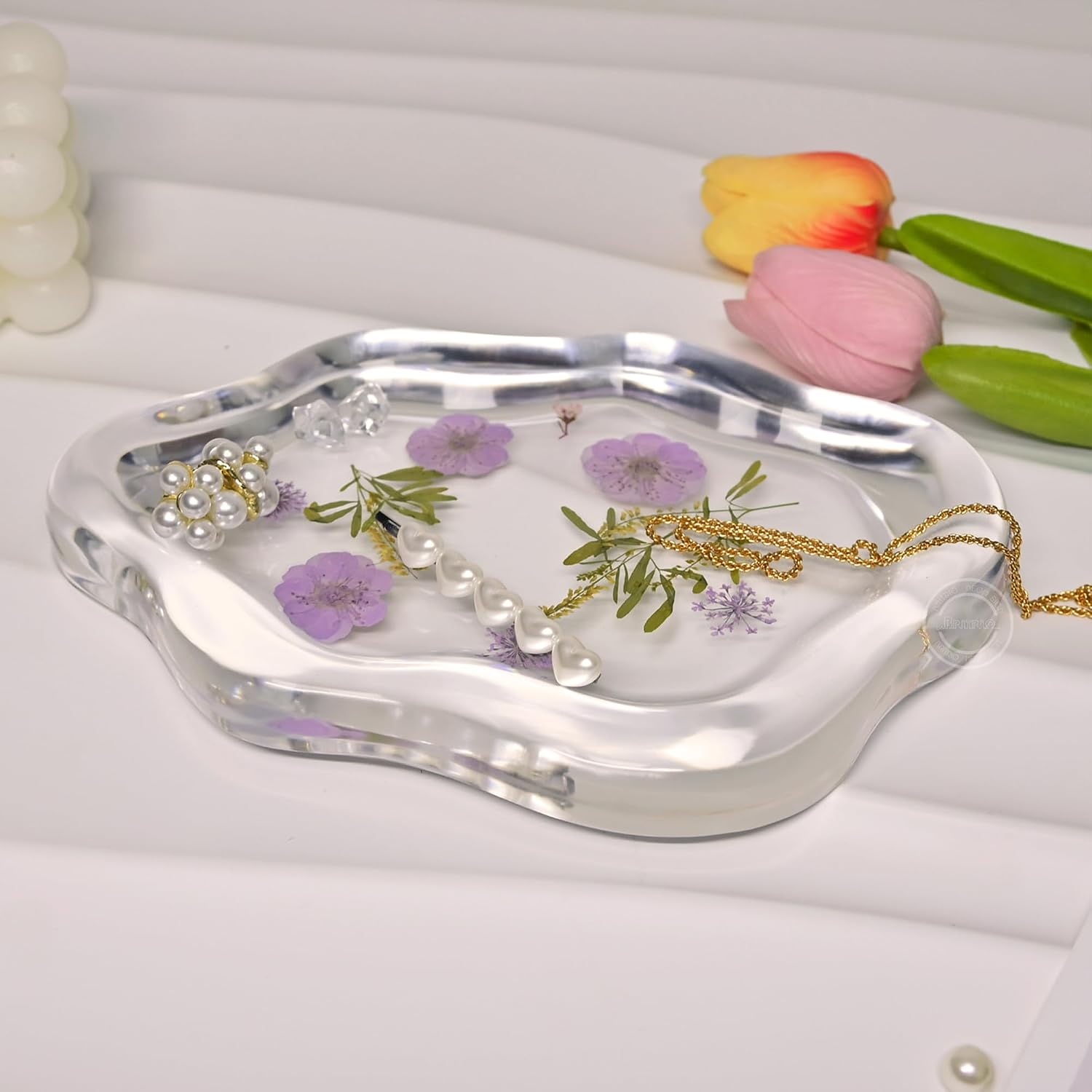 Resin Dried Pressed Flowers Decorative Jewelry Tray Trinket Dish Cloud Vanity Plate / Purple Flower