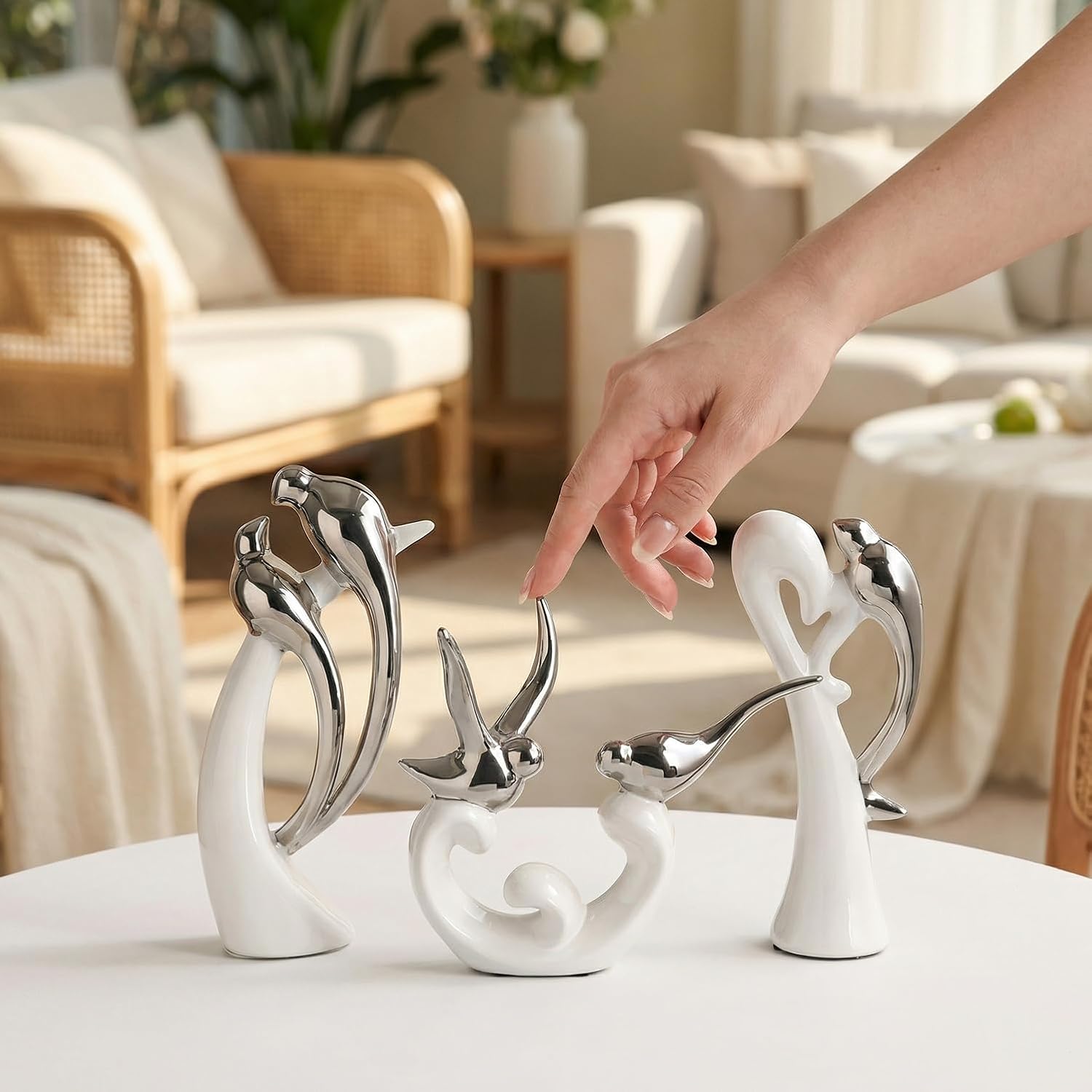 Ceramic Statues / White and Silver / Set of 3