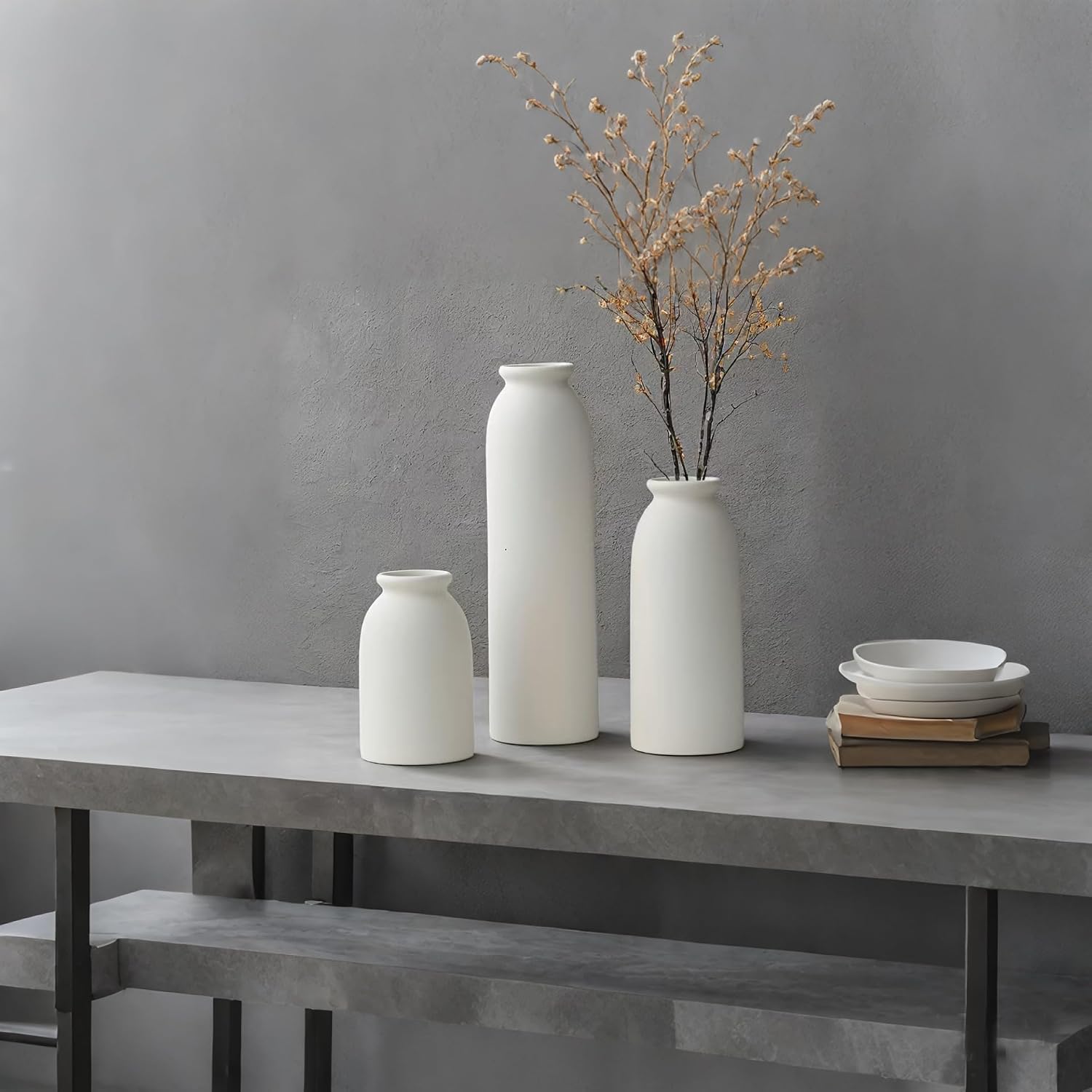 Tall Decorative Ceramic Vase Set / Standard White / 10.6 Inch / Set of 3