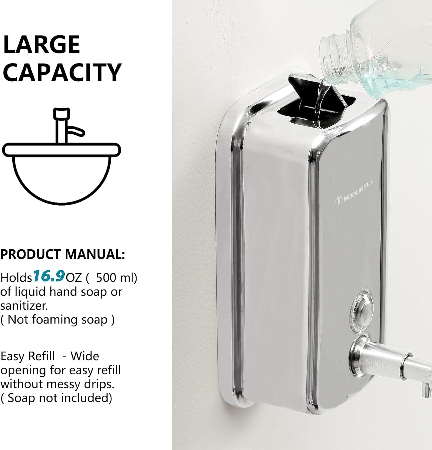 Stainless Steel Kitchen Soap Dispenser for Sink– 16.9oz Wall Mount Vertical | Anti-Leak Pump, Rust-Proof Brushed Nickel