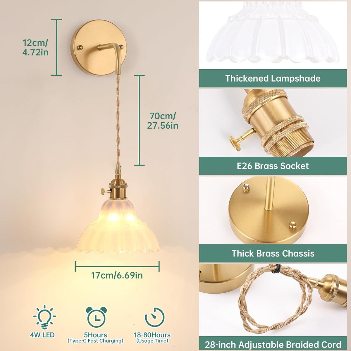 Shenmoyl Vintage Battery Operated wall sconces Set of 2, Wall Lamps with White Lily of the Shade Pattern Glass