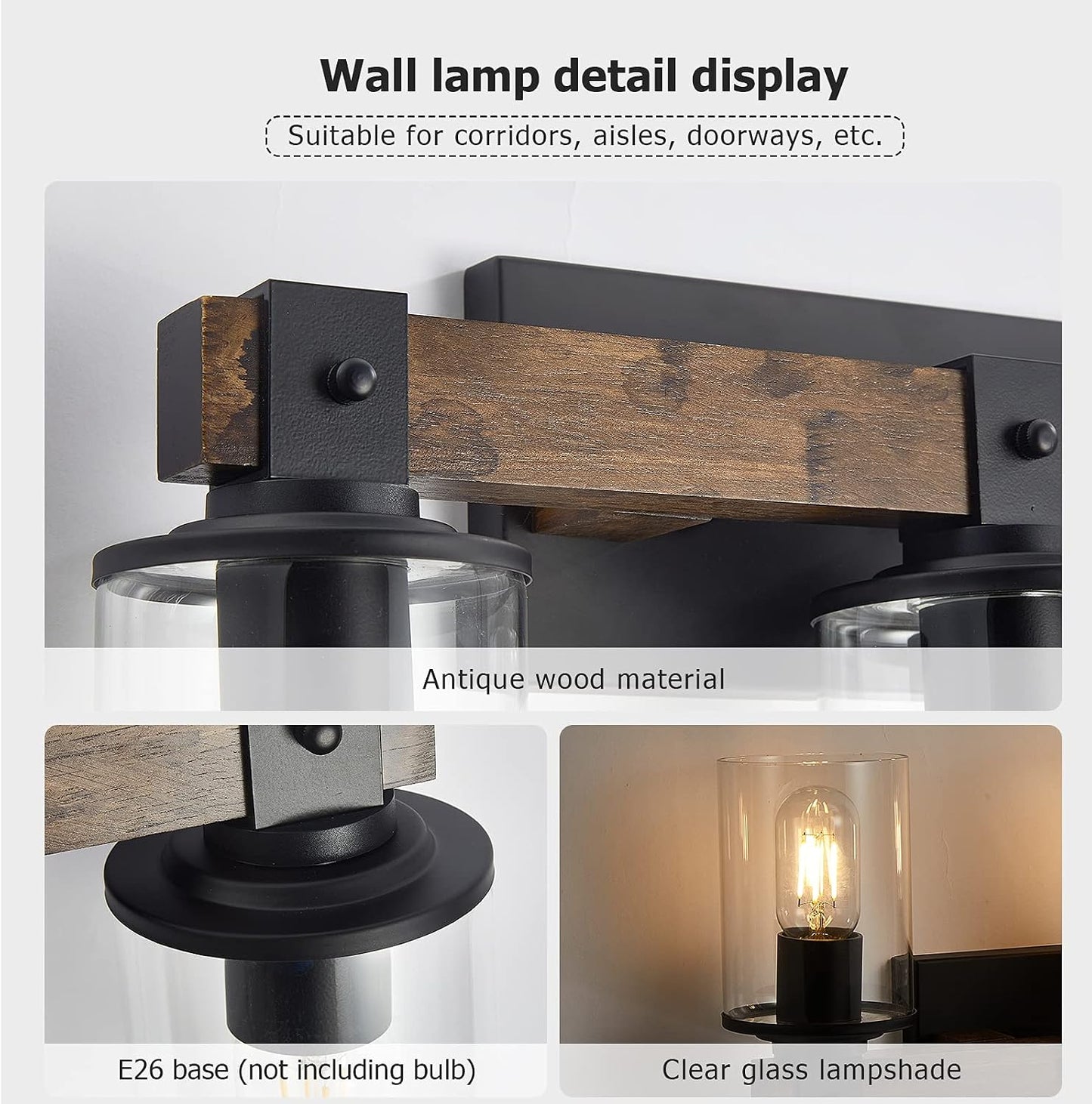 DUJAHMLAND Farmhouse Vanity Light Fixture,3-Light Bathroom Wood Wall Light Over Mirror with Clear Glass Shade, Rustic