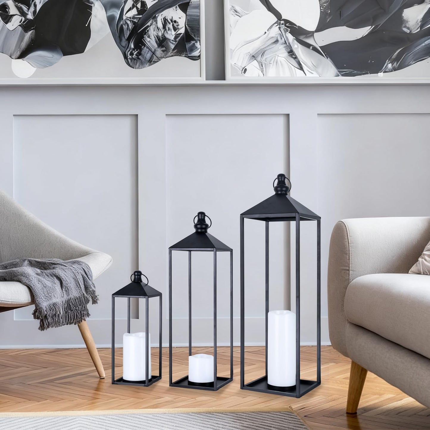 LED Lanterns Decorative Indoor&Outdoor, 23’’ 19’’ 13’’ Large Black Candle Lanterns Set with 3 Flameless Candles, Metal