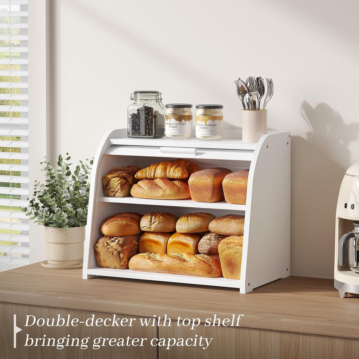 Kitsanery Bread Box for Kitchen Countertop, Bamboo Bread Storage, Double-Layer Roll-Top Bread Container, Farmhouse