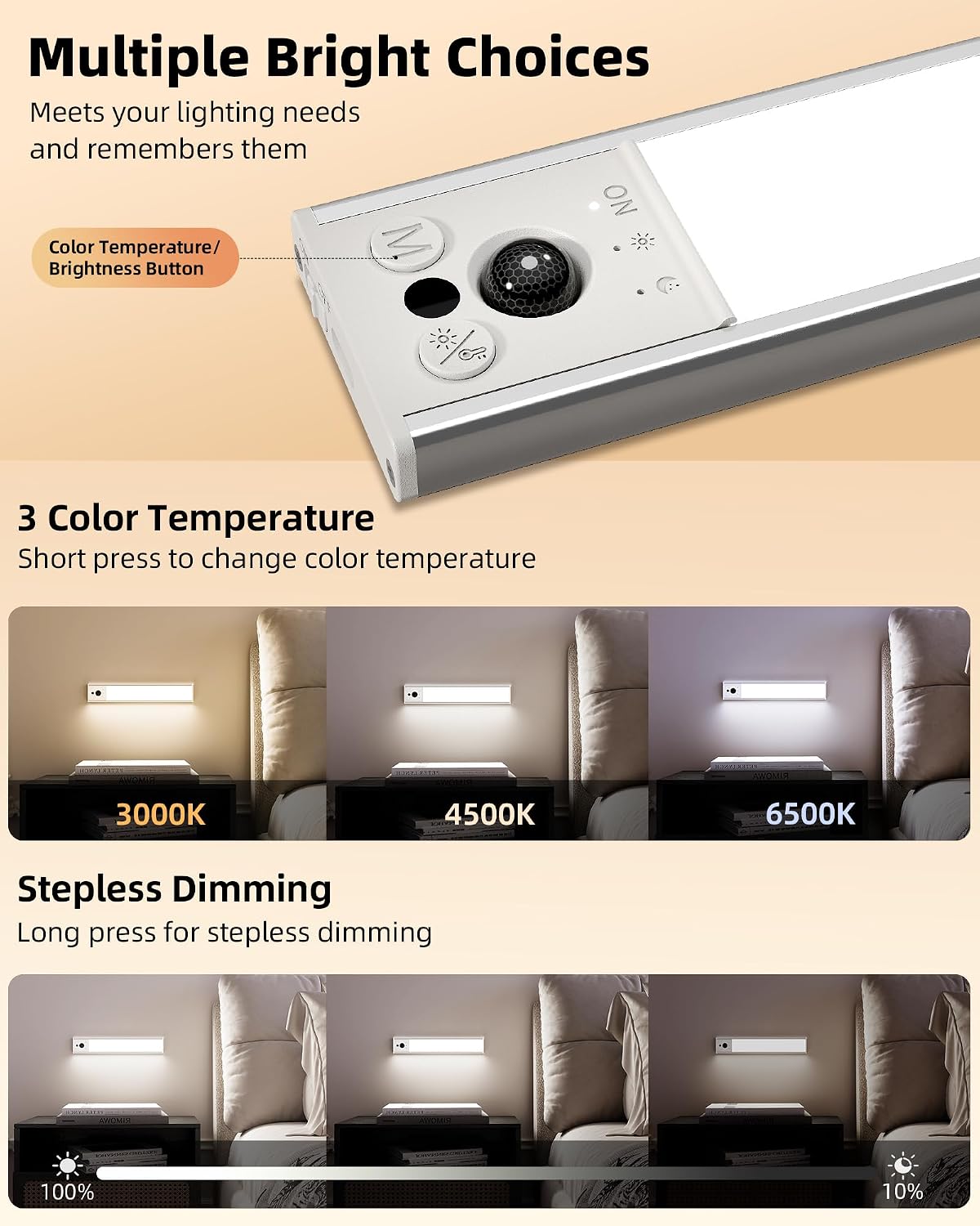 EZVALO 12inch Under Cabinet Lighting, 2 Pack 3100mAh Rechargeable Motion Sensor Light Indoor with 3 Color Temperatures