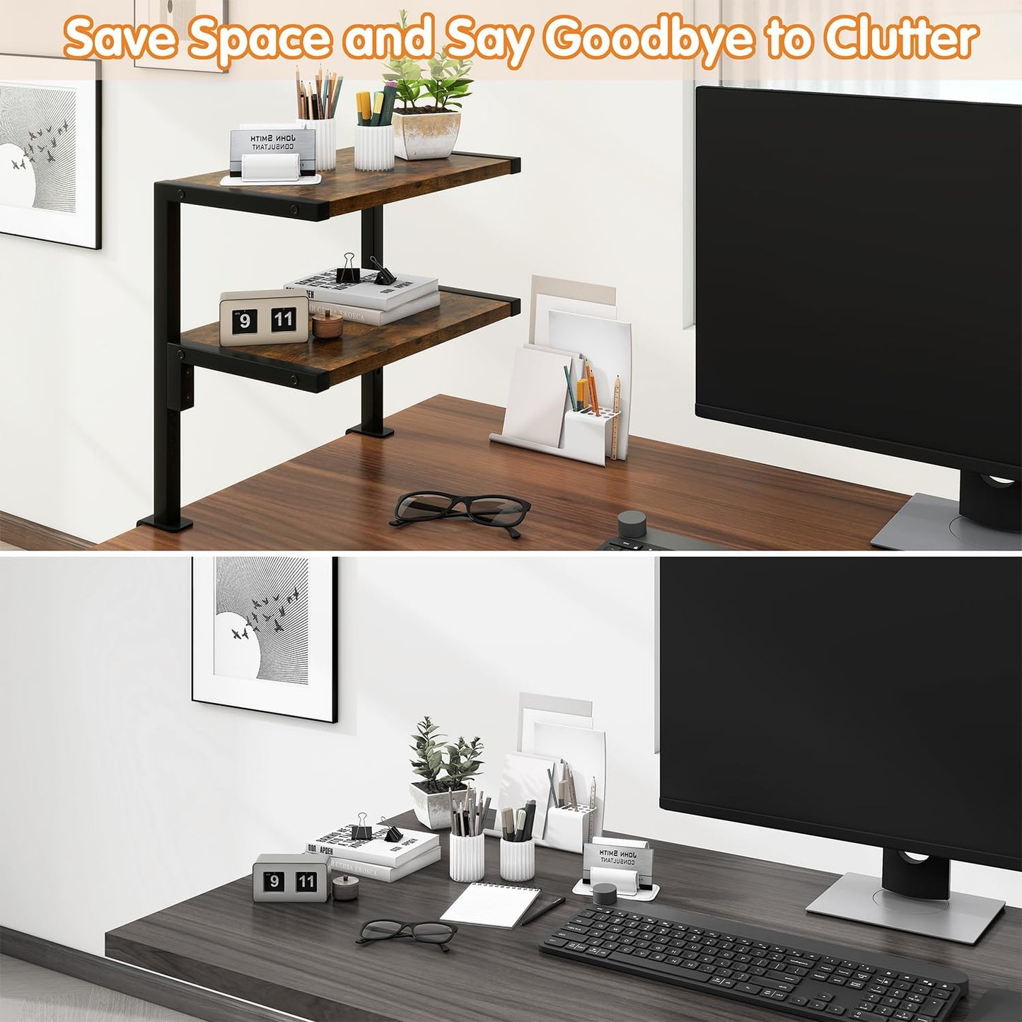 IBUYKE Clamp on Desk Organizer Shelf,Desk Extender Shelves UTMZ007H | 12.9 inches,2-Tier Adjustable Storage Shelves
