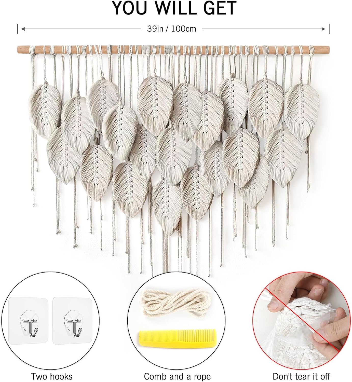 Macrame Wall Hanging Boho Beige Leaves Tapestry Bohemian Handmade Woven Wall / Beige-39" W x 28.3" L