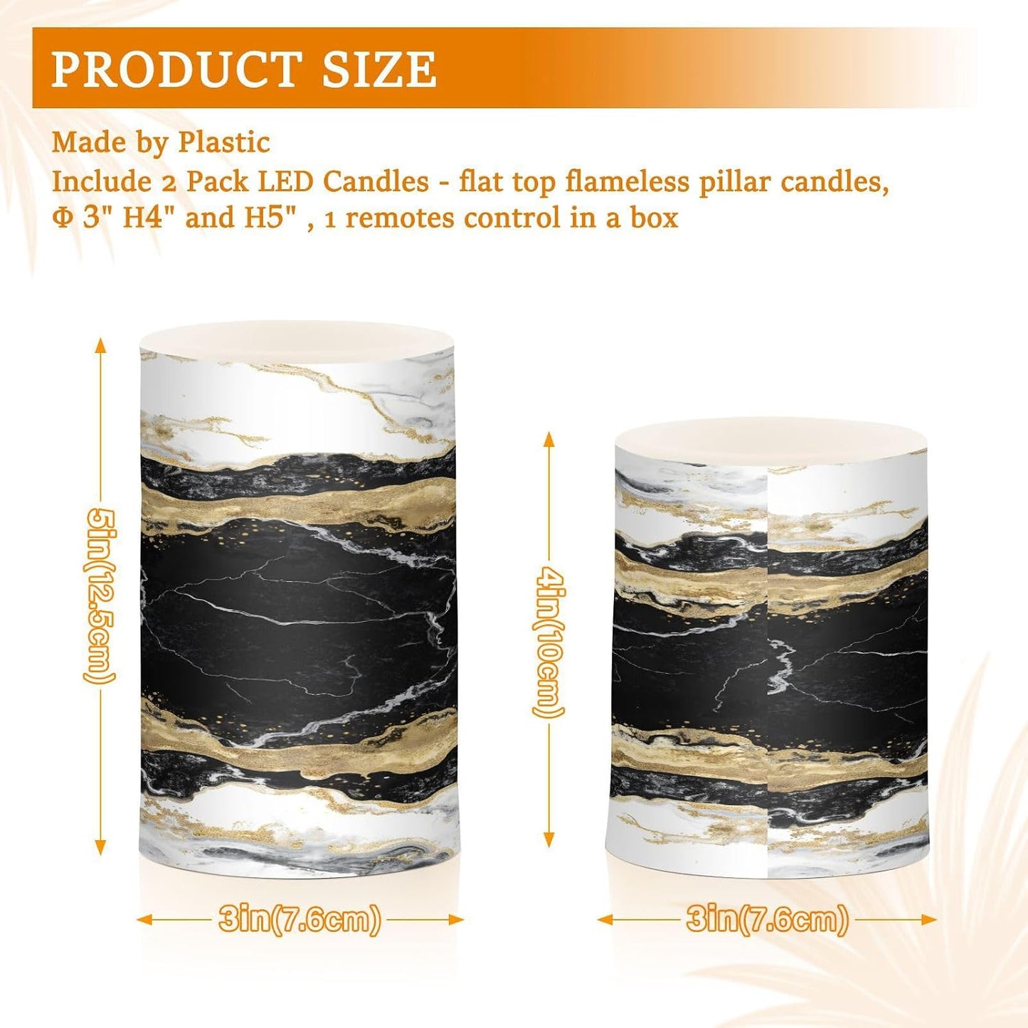 Flickering Flameless Candles, Black White Marble Gold Veins LED Candles with Remote Timer, Set of 2 Battery Operated