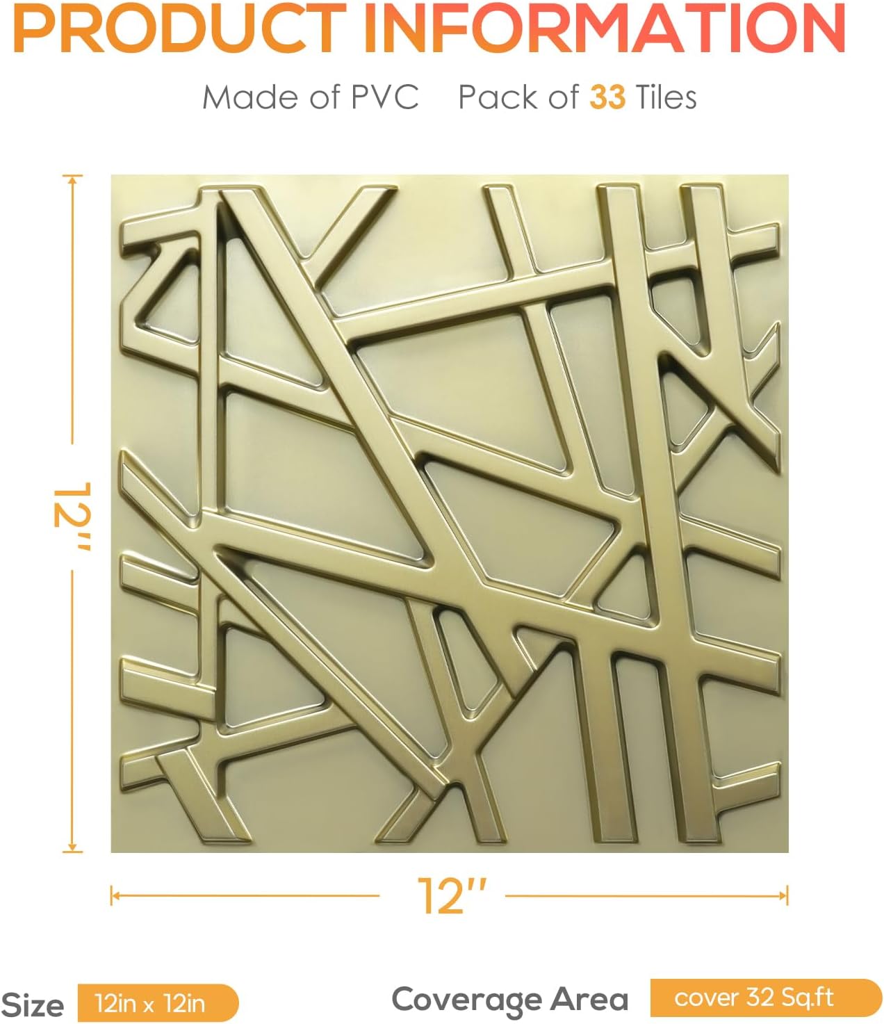 LEVOWAY 33 Pack 3D Wall Panels for Interior Wall Decor, 12''x12'' Champaign Gold Accent Textured Wall Panels, Wall