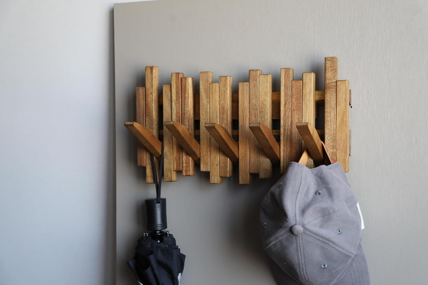 Natural Wood Wall Mounted Piano Coat Rack| Coat Rack Wall Mount| Flip Down Wall Hook Rack 5 Hooks| Entryway Wall Art
