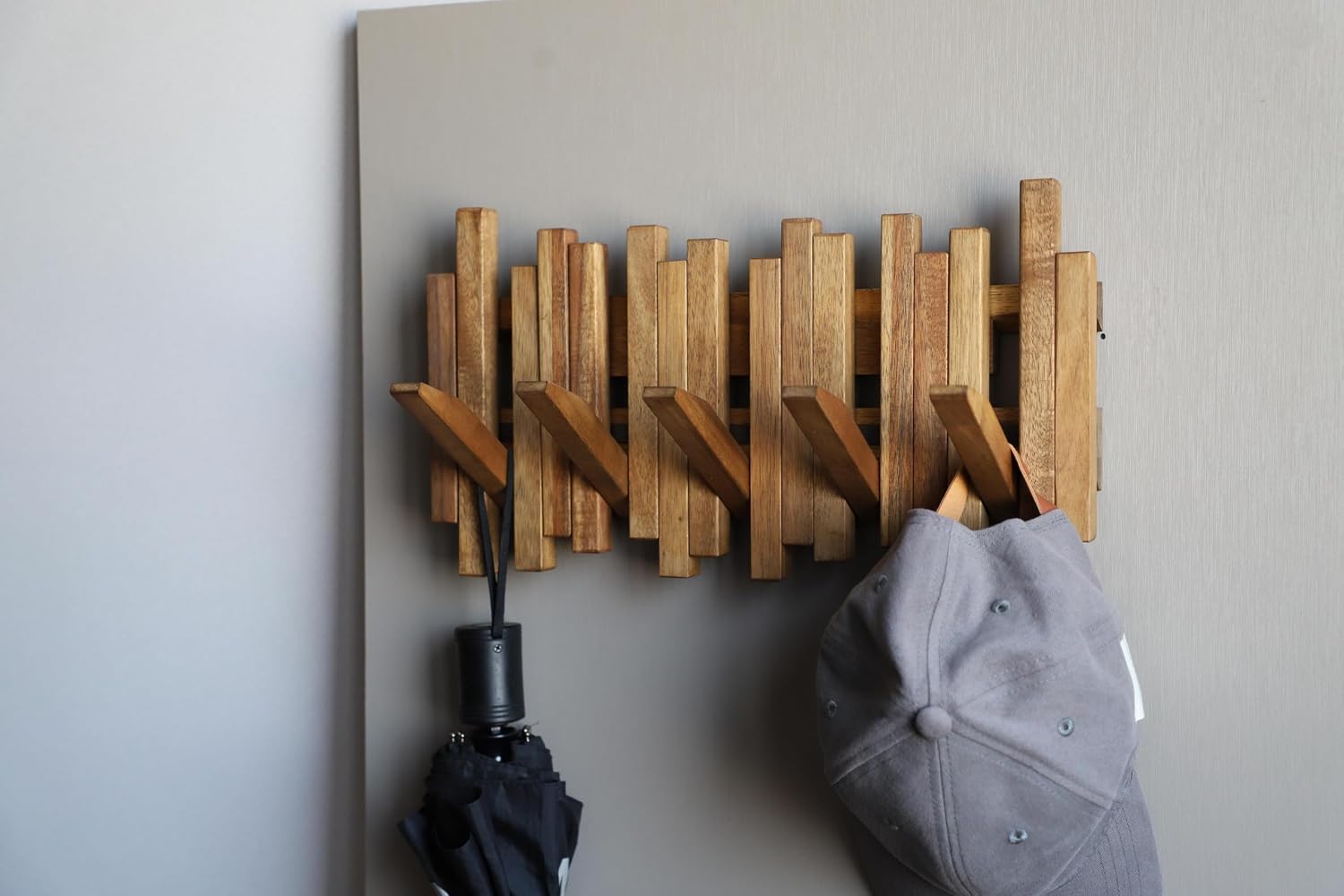 Natural Wood Wall Mounted Piano Coat Rack| Coat Rack Wall Mount| Flip Down Wall Hook Rack 5 Hooks| Entryway Wall Art