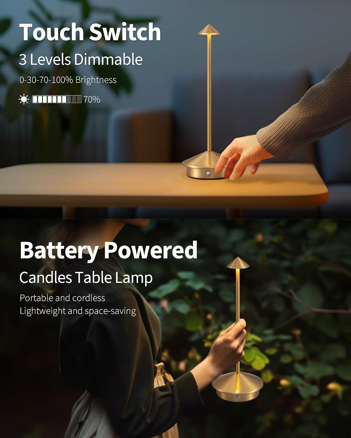 Modern Cordless Table Lamp Set of 2, Gold Portable LED Desk Lamps | 5000mAh, Rechargeable, Battery Operated Lighting