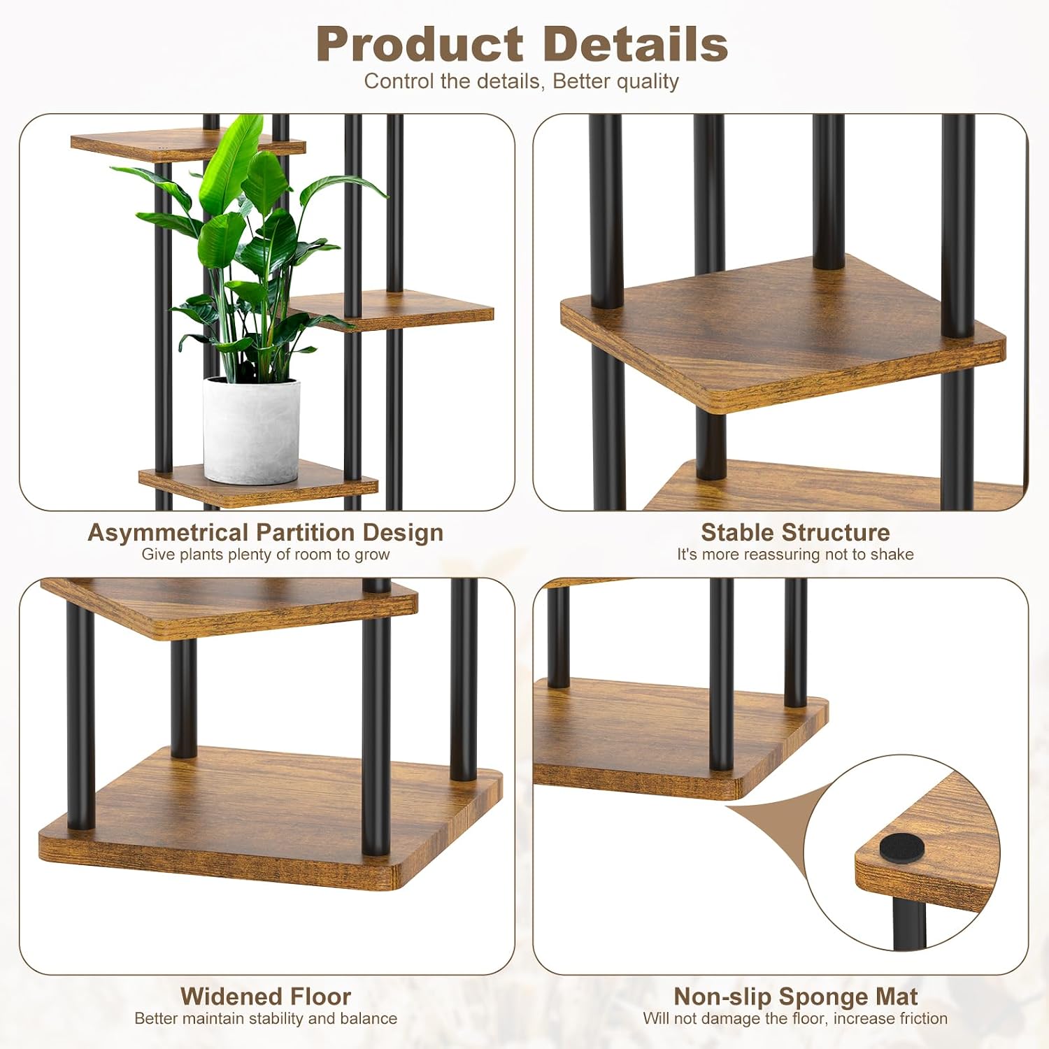 6 Tier Plant Stand Indoor, Thickened Metal Wood Corner Plant Shelf Stands for Multiple Plants, Indoor Tall Plants Stand