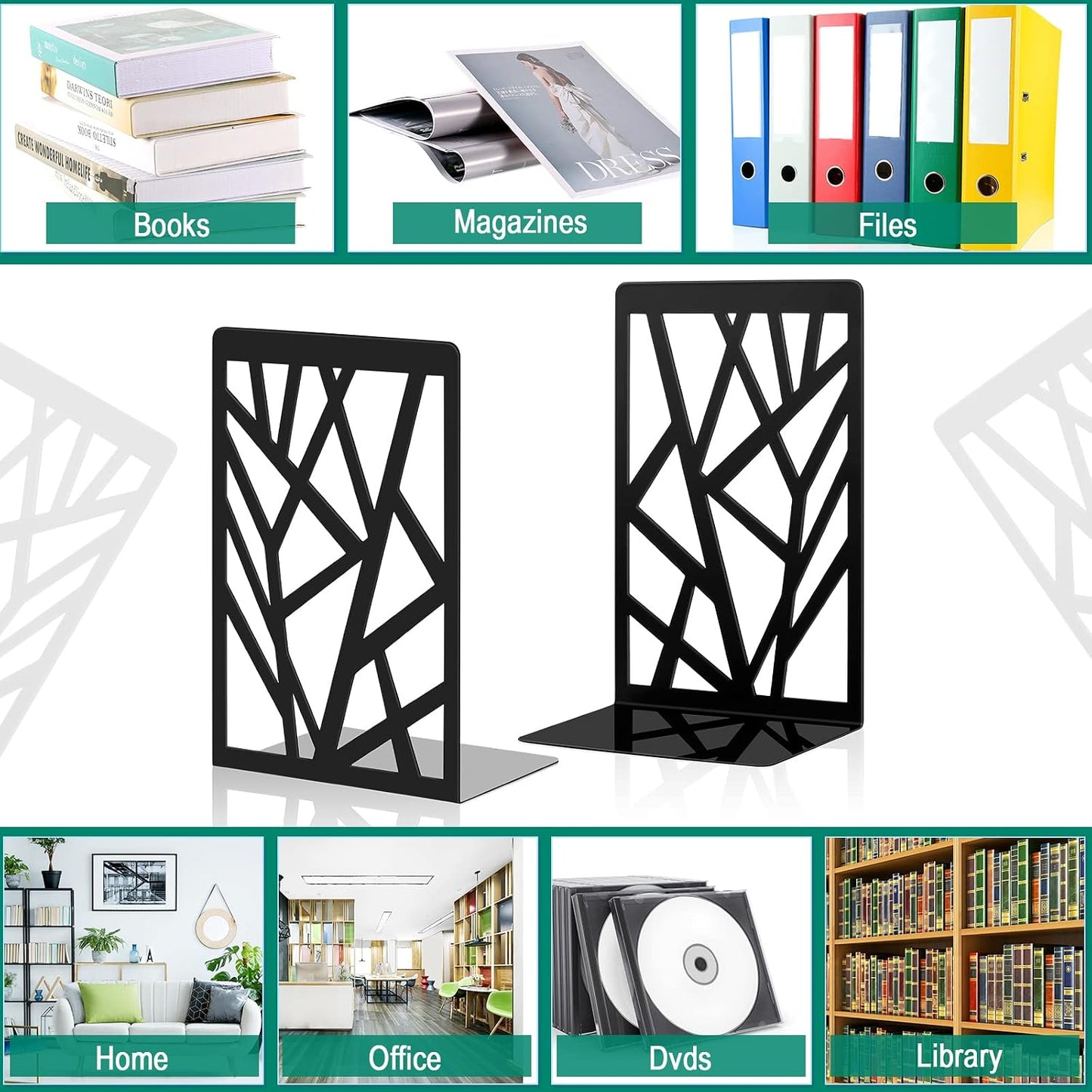 Heavy Duty Bookends Decorative Metal Bookends / Black / Set of 6