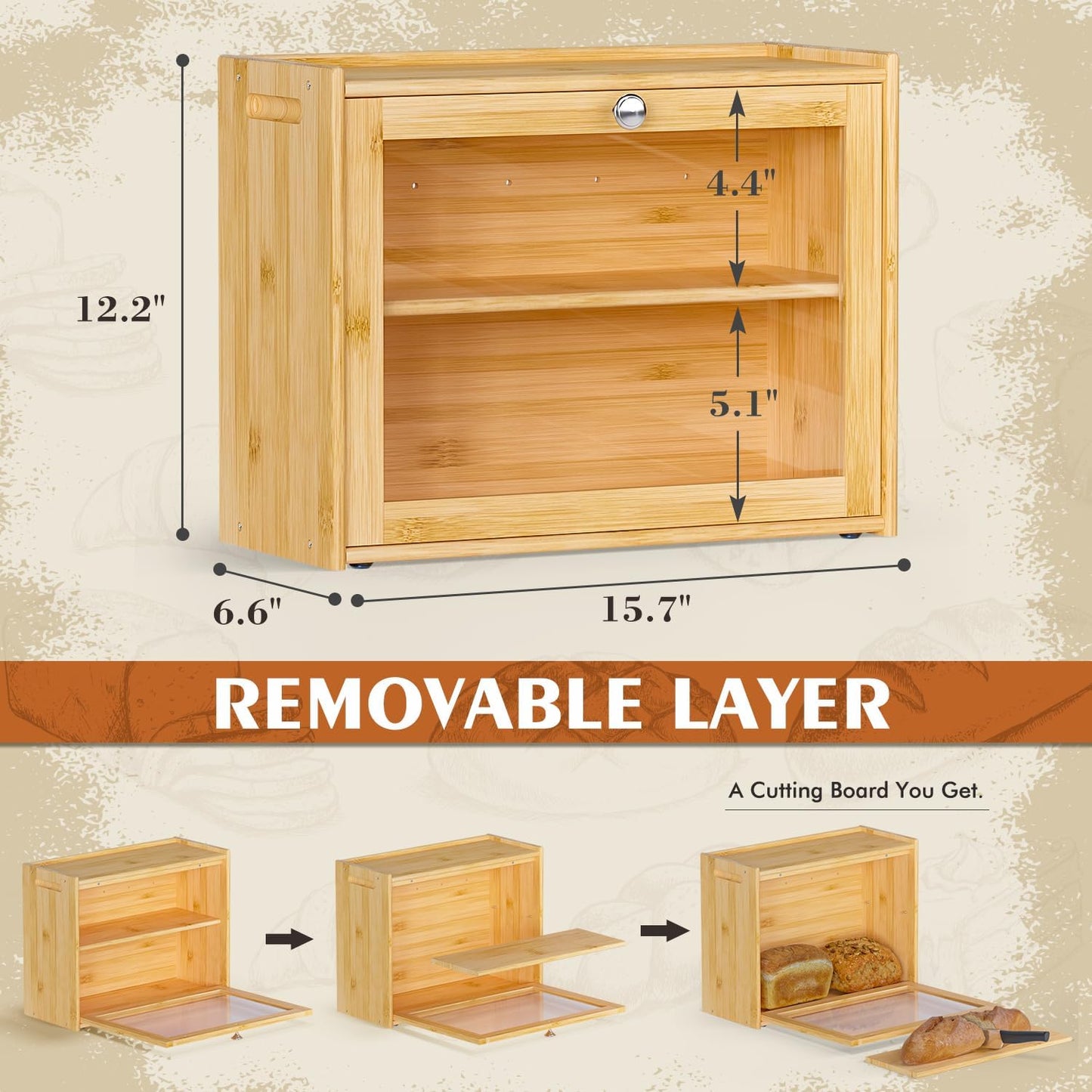 Bread Box for Kitchen Countertop, Double-layers large Bread Container with Transparent Door, Bread Storage&Multiple