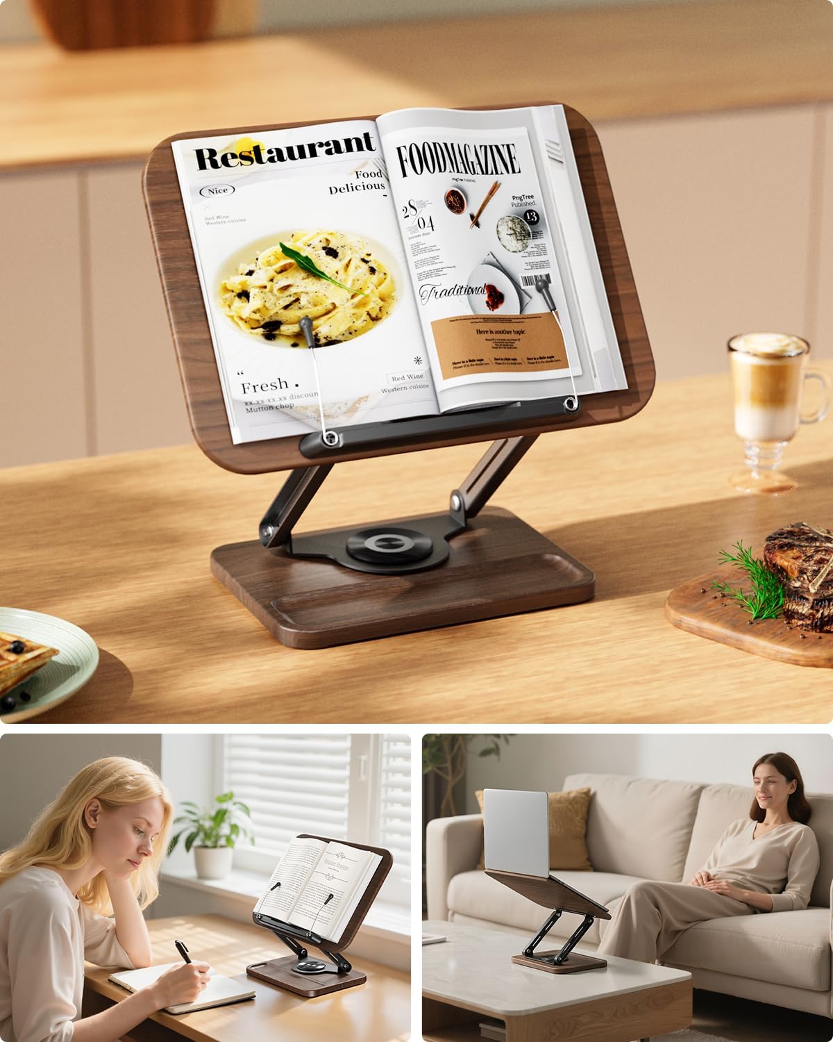 Viozon Book Stand for Reading, Book Holder 360° Rotating Base with Pen Slot, Foldable Reading Display Stand with