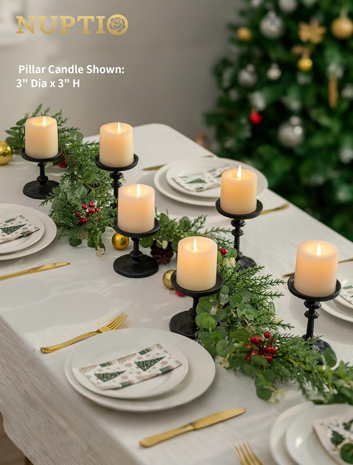 NUPTIO Pillar Candle Holder Black: Solid Cast Iron Candle Stand | Hammered Candleholder for 3 Inch Pillars Heavy